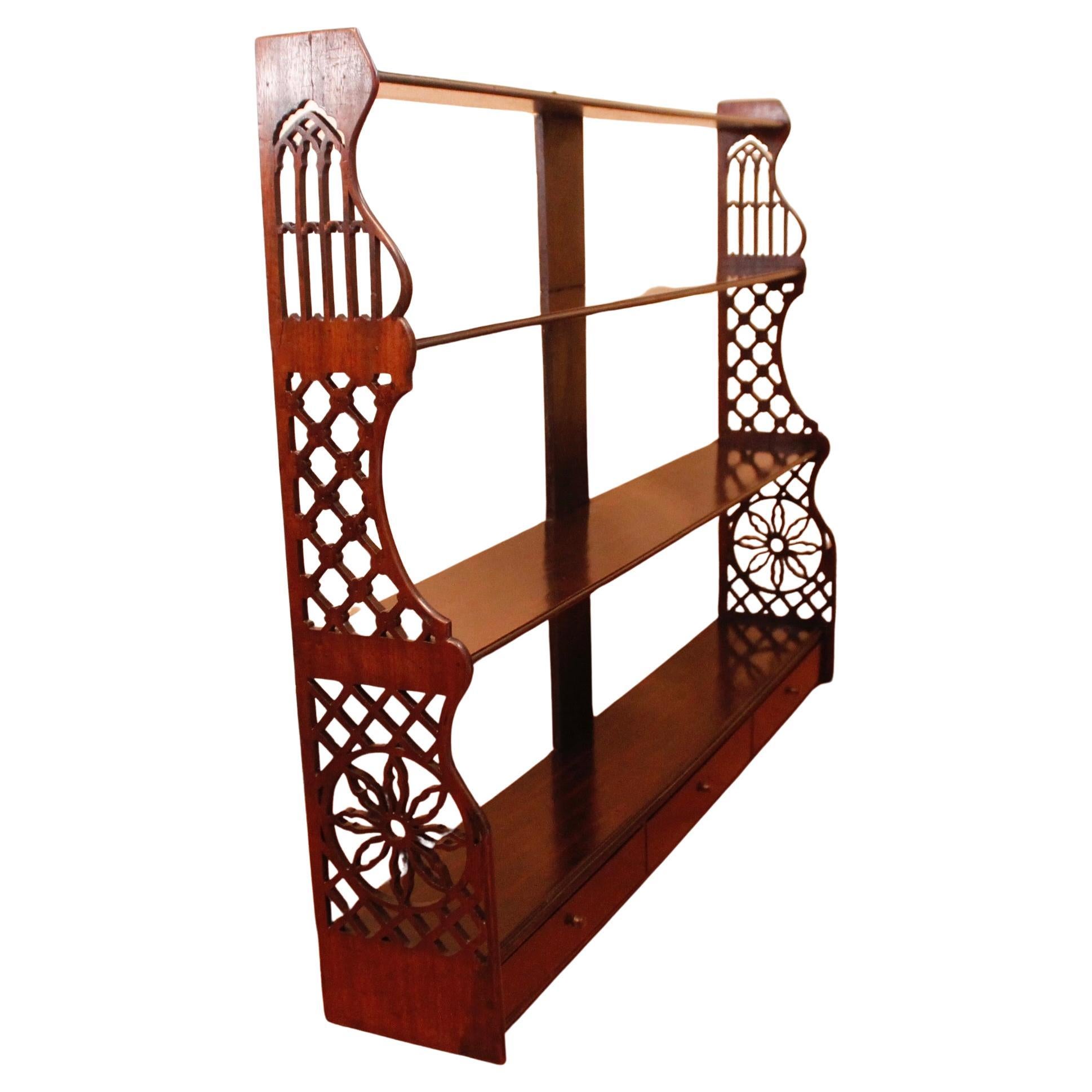 Large George III Period Chinese Chippendale Mahogany Fretwork Hanging Shelf For Sale