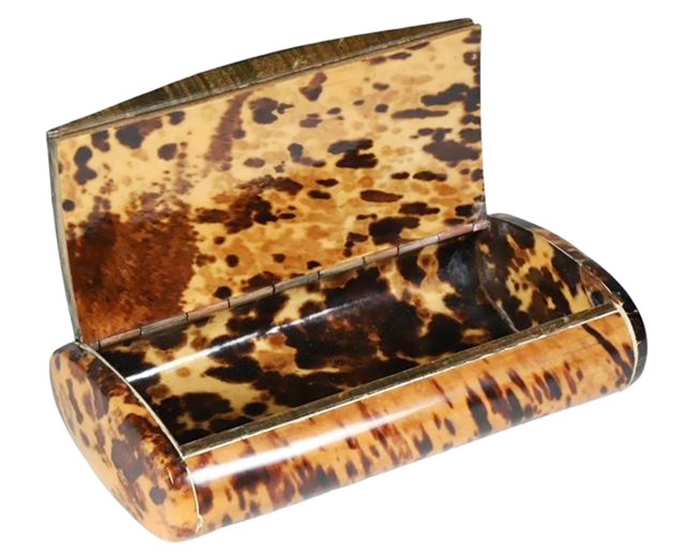 Large Georgian table or master snuff box of cushion form having tortoiseshell veneered front, back and end caps with green stained mulberry burl bottom and lid, the lid with a wood hinge opening to a tortoiseshell lined interior.