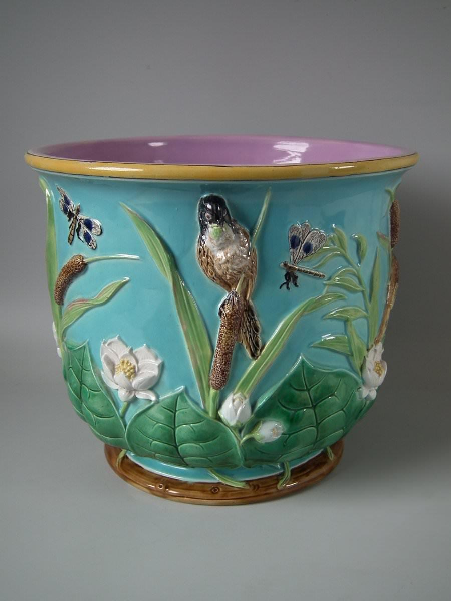 Glazed Large George Jones Majolica Bird and Pond Lily Jardinière