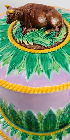 Large George Jones Majolica Cow Cheese Dome and Stand, Pink Ground, English 1873