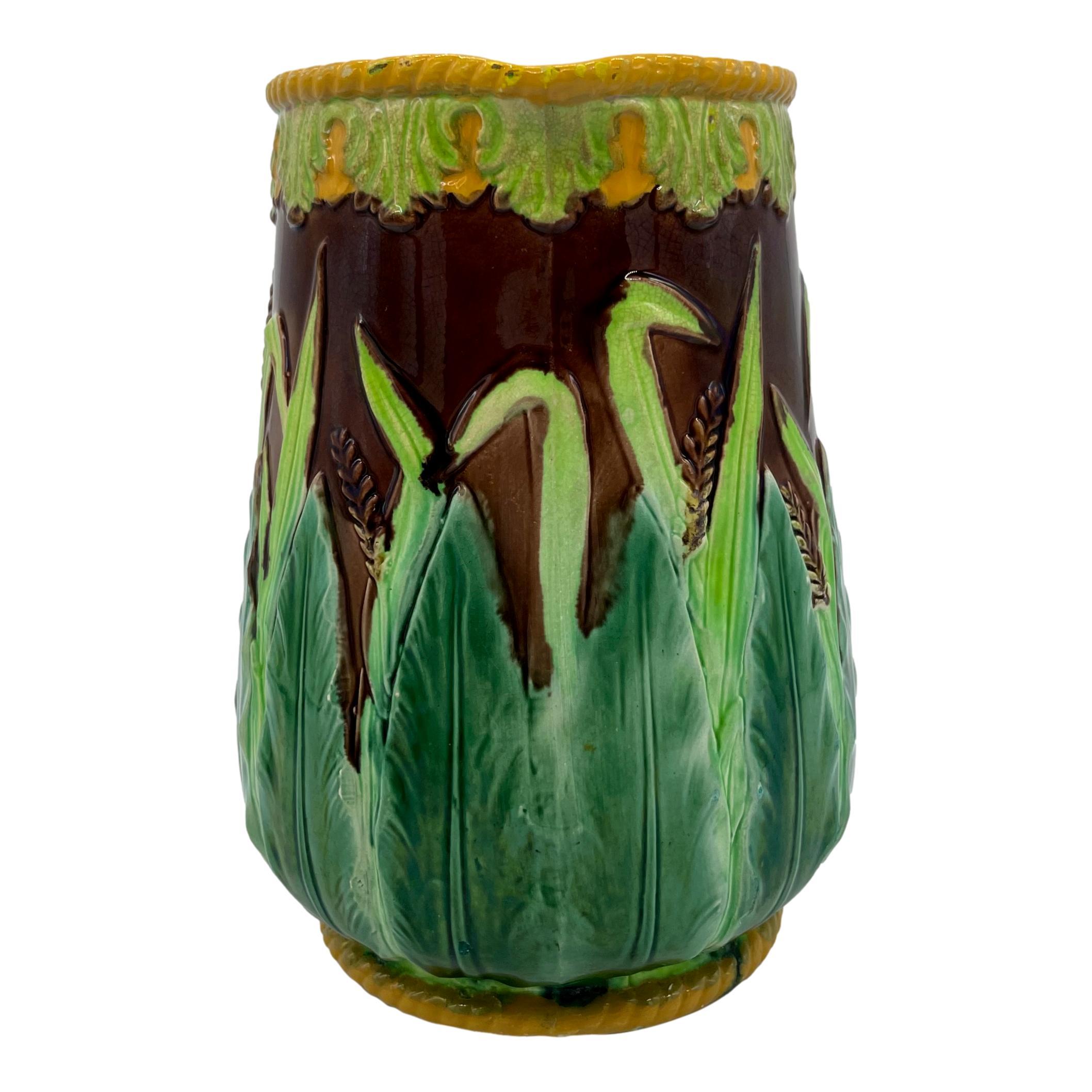 Victorian Large George Jones Majolica Wheat Pitcher with Green Acanthus Leaves, ca. 1875