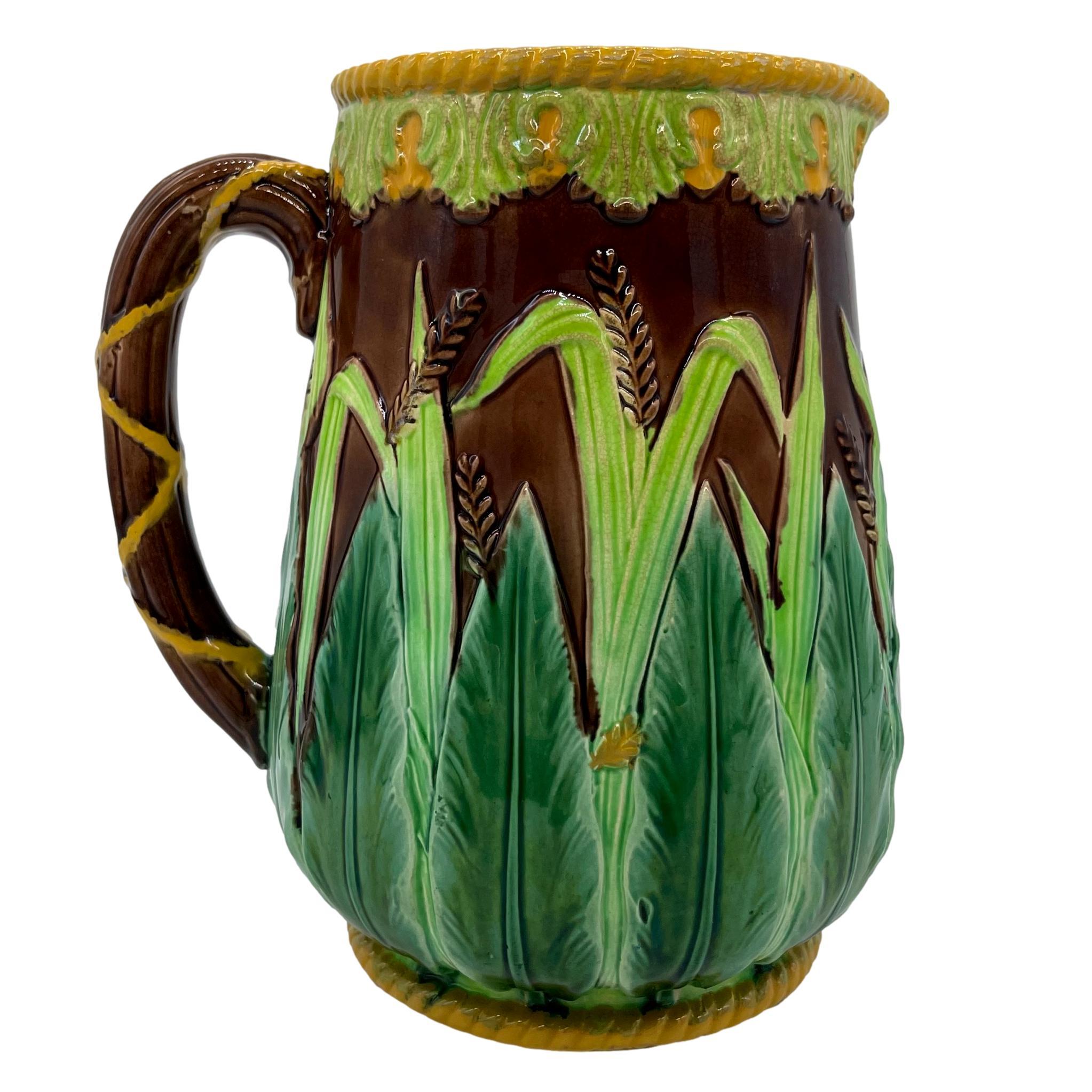 English Large George Jones Majolica Wheat Pitcher with Green Acanthus Leaves, ca. 1875