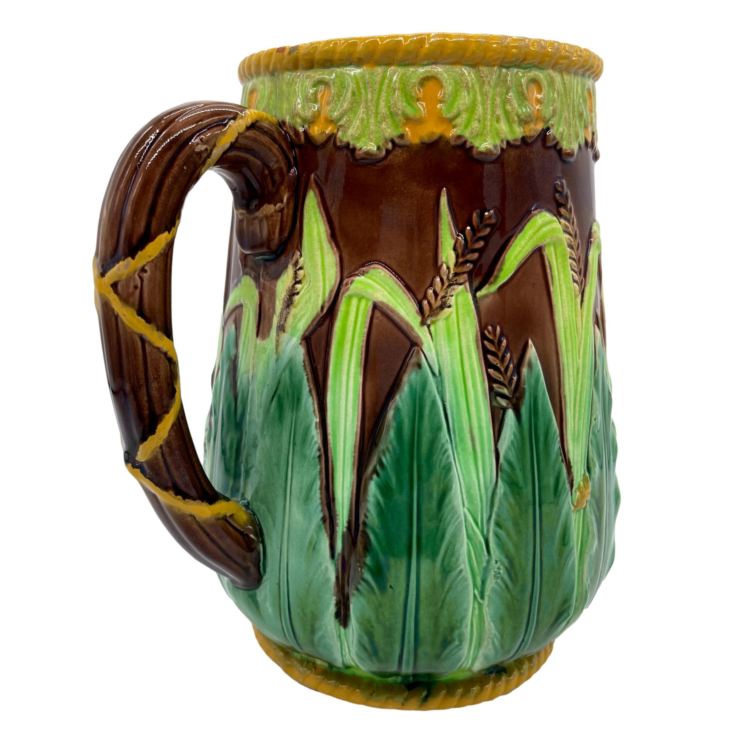Molded Large George Jones Majolica Wheat Pitcher with Green Acanthus Leaves, ca. 1875