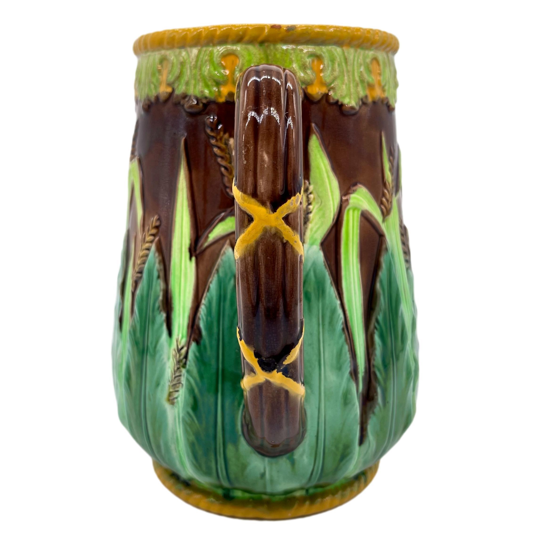 Large George Jones Majolica Wheat Pitcher with Green Acanthus Leaves, ca. 1875 In Good Condition In Banner Elk, NC