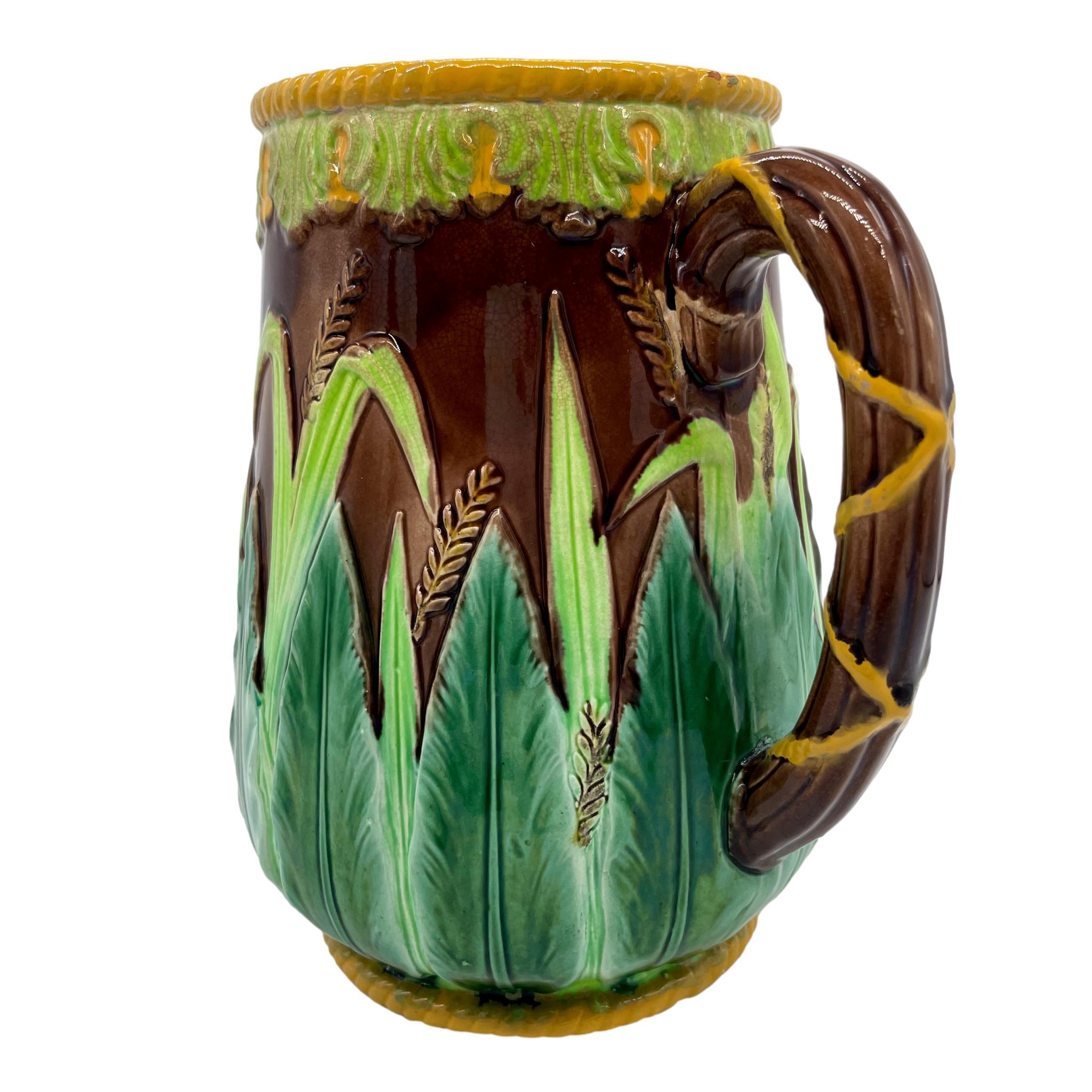 19th Century Large George Jones Majolica Wheat Pitcher with Green Acanthus Leaves, ca. 1875