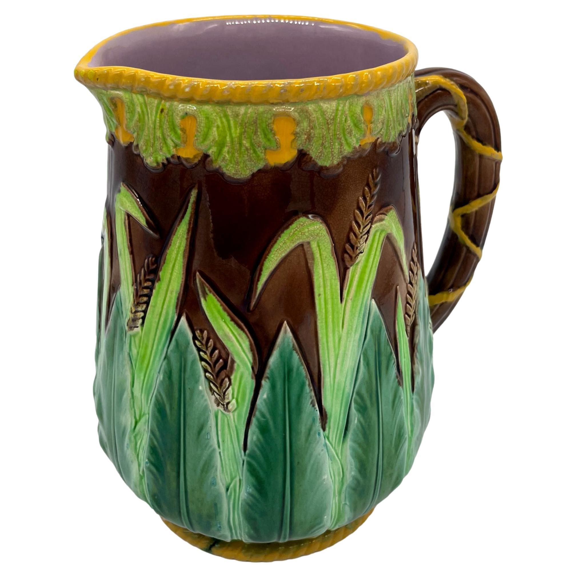Large George Jones Majolica Wheat Pitcher with Green Acanthus Leaves, ca. 1875