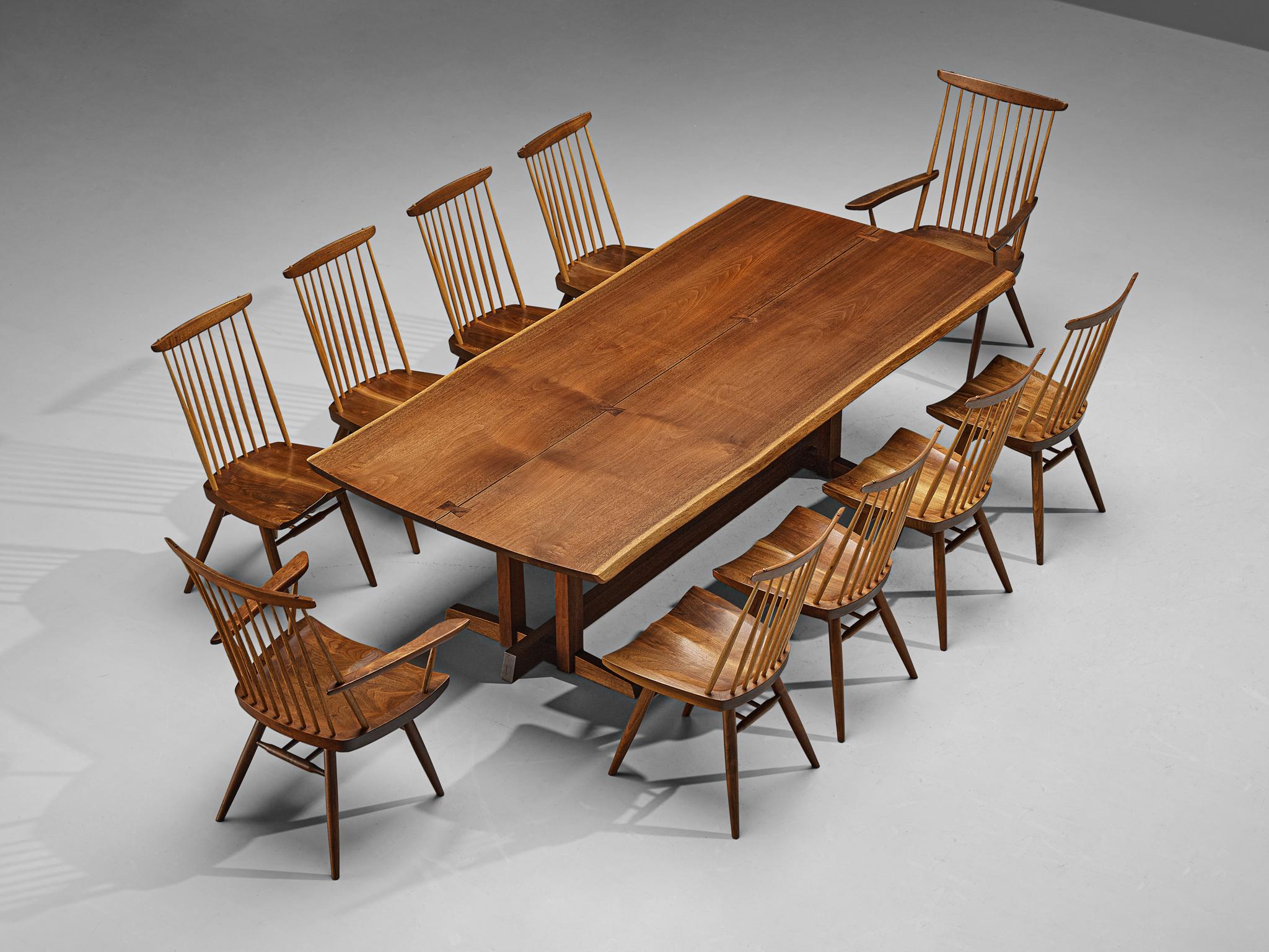 George Nakashima, ‘Frenchman’s Cove II’, dining table, American black walnut, United States of America, 1962

This strikingly large and unique dining table was designed by George Nakashima and created in his studio in New Hope, Pennsylvania.