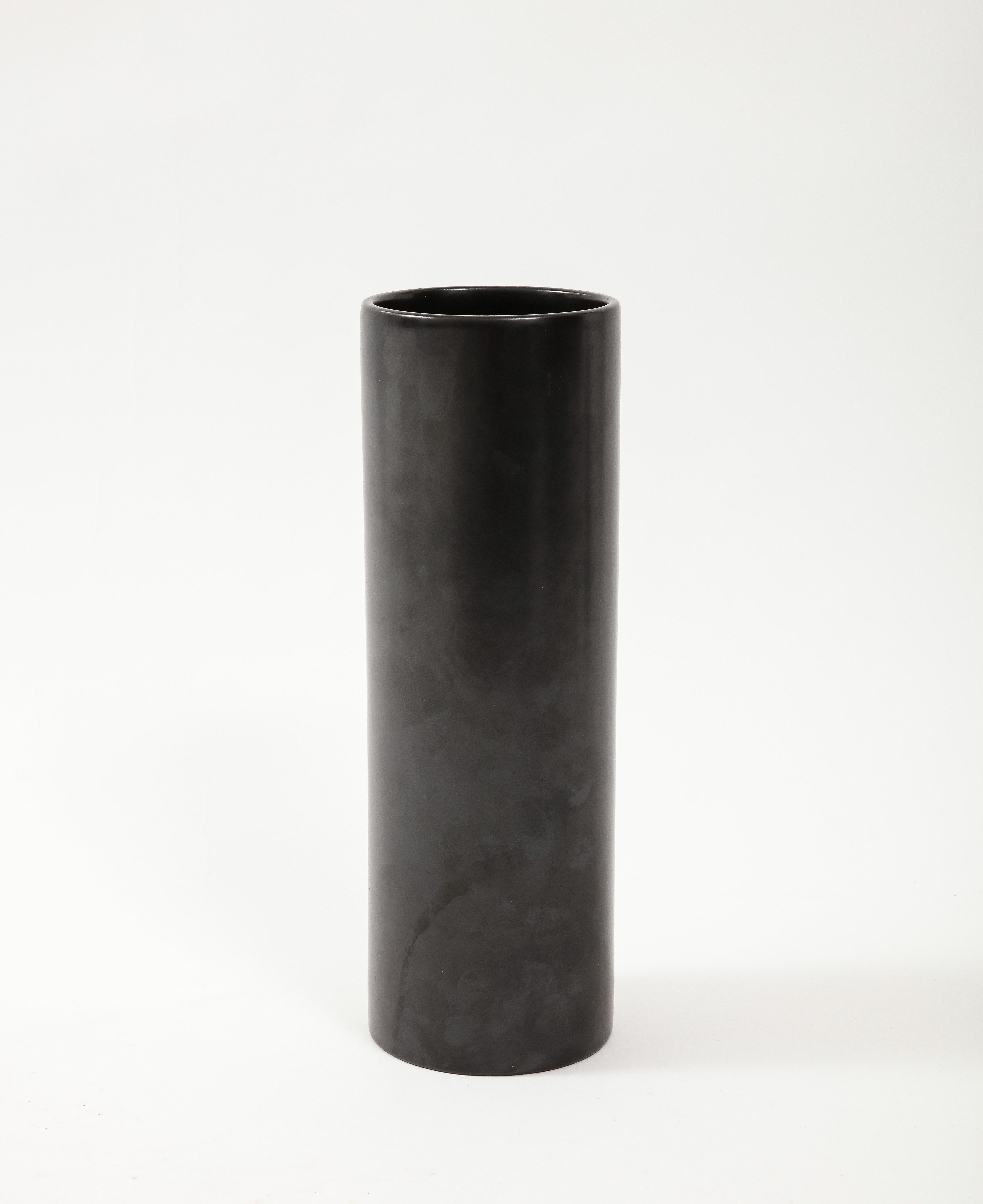 Mid-Century Modern Large Georges Jouve Style Black Matte Cylinder Vase, France, c. 1950's