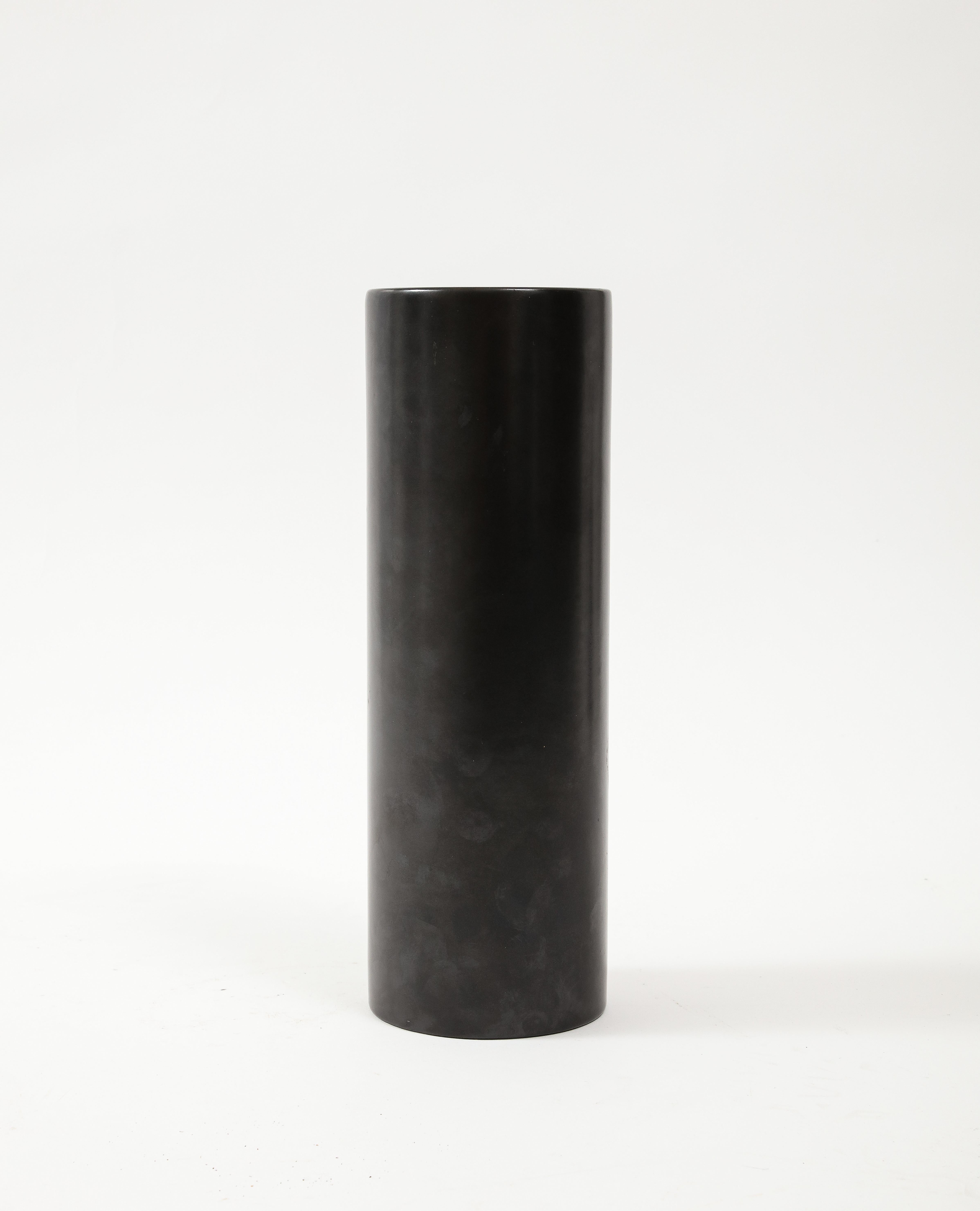 Mid-Century Modern Large Georges Jouve Style Black Matte Cylinder Vase, France, c. 1950's For Sale
