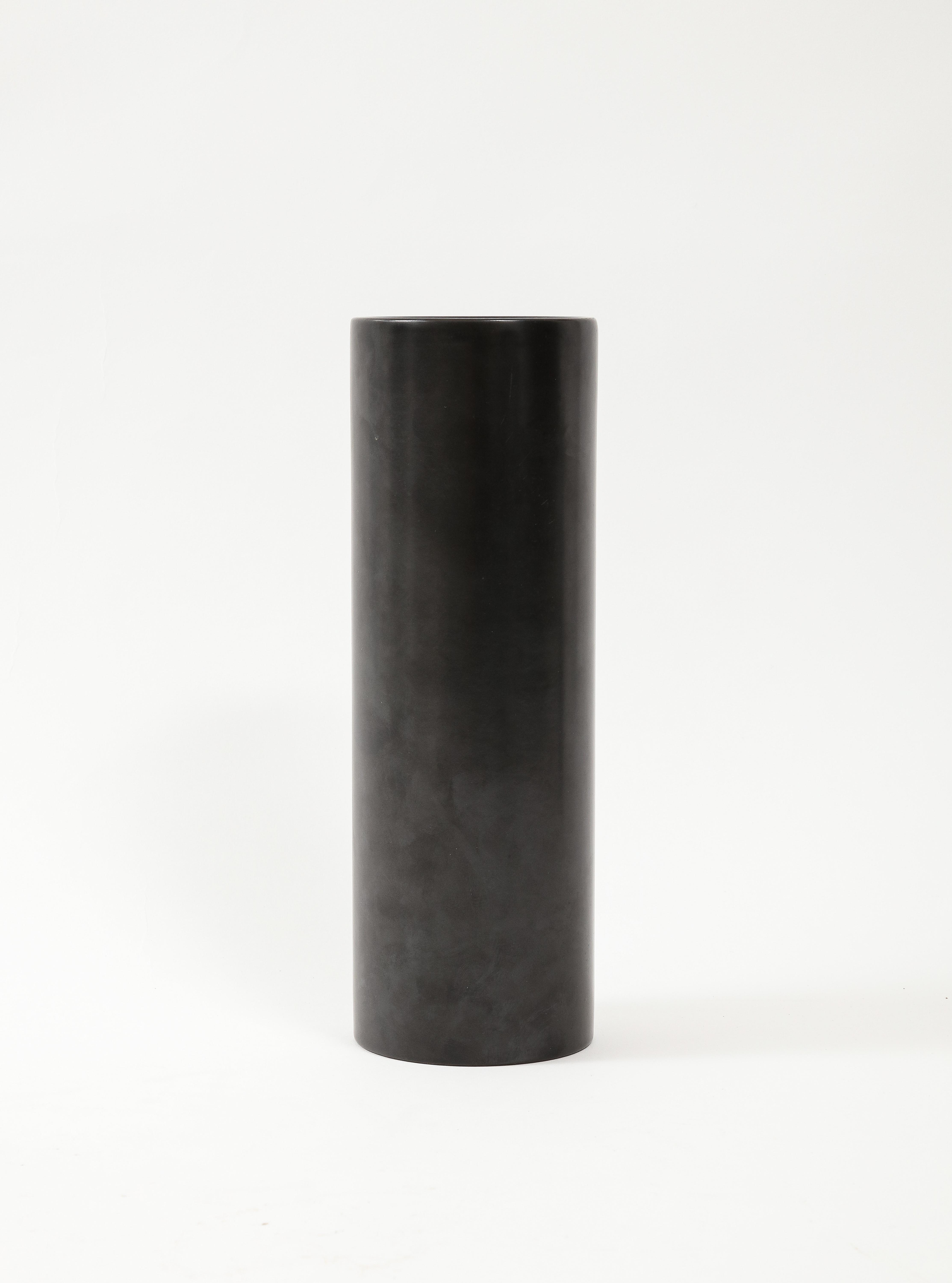 Large Georges Jouve Style Black Matte Cylinder Vase, France, c. 1950's In Good Condition In Brooklyn, NY