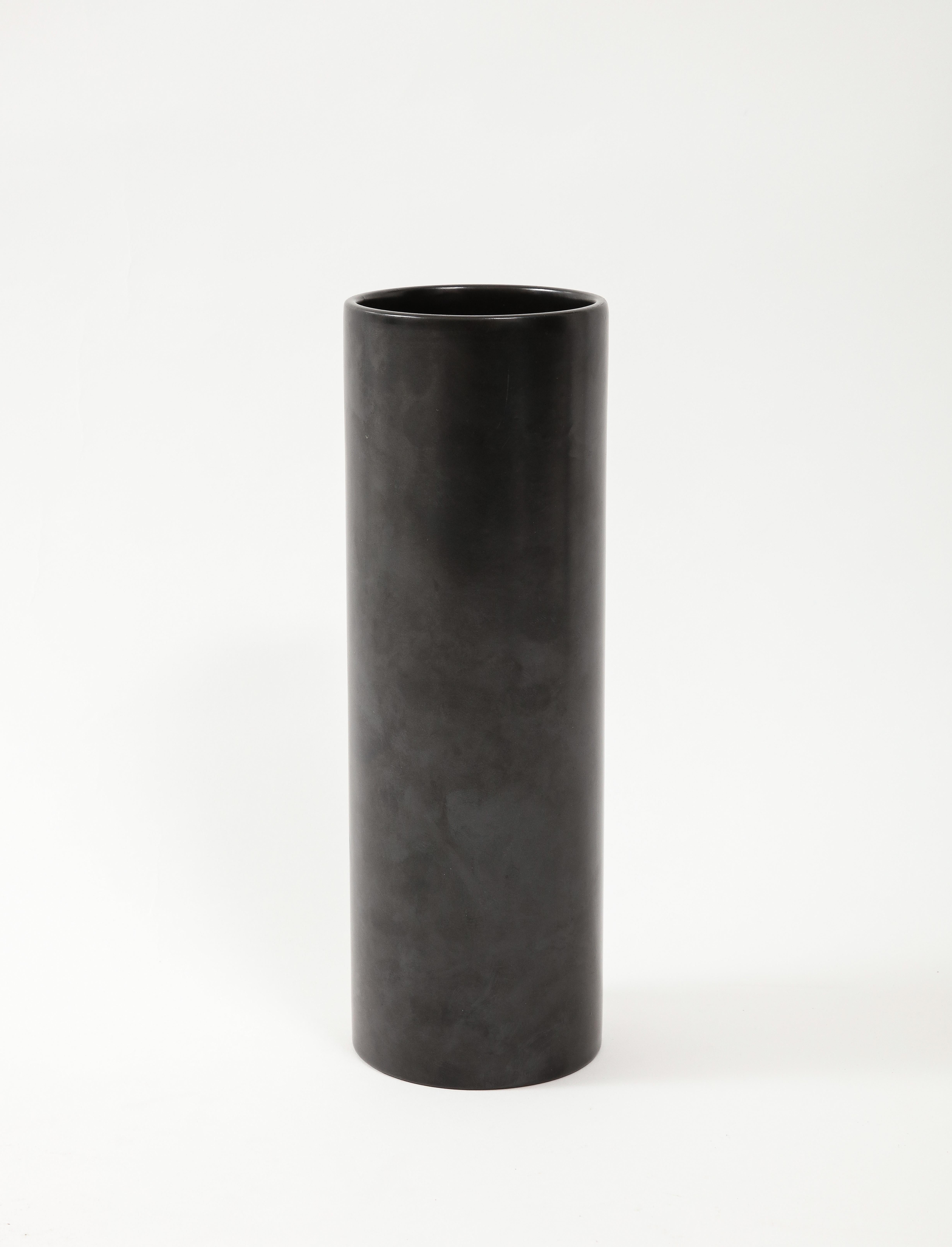 Large Georges Jouve Style Black Matte Cylinder Vase, France, c. 1950's In Good Condition For Sale In Brooklyn, NY