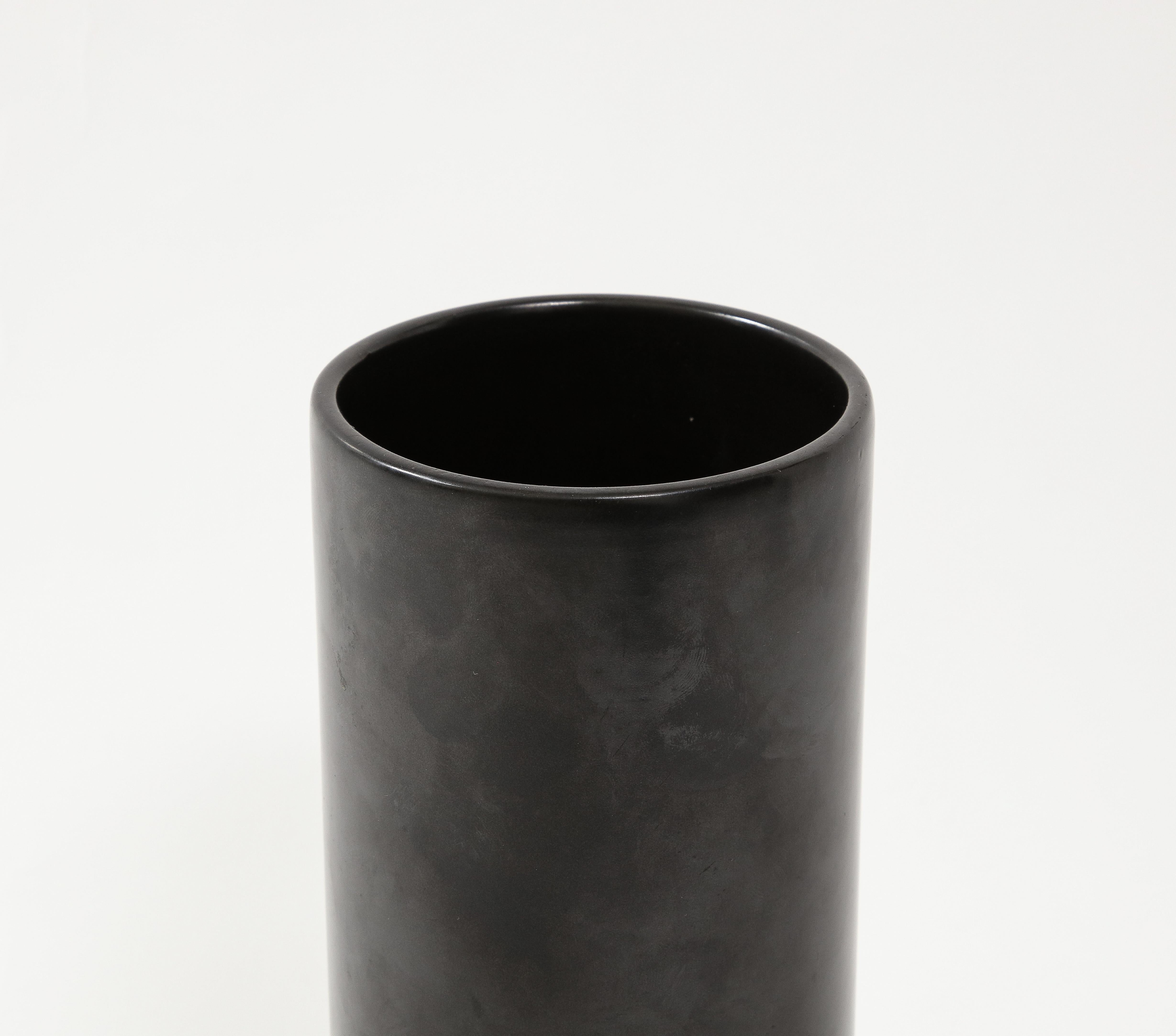 Ceramic Large Georges Jouve Style Black Matte Cylinder Vase, France, c. 1950's For Sale
