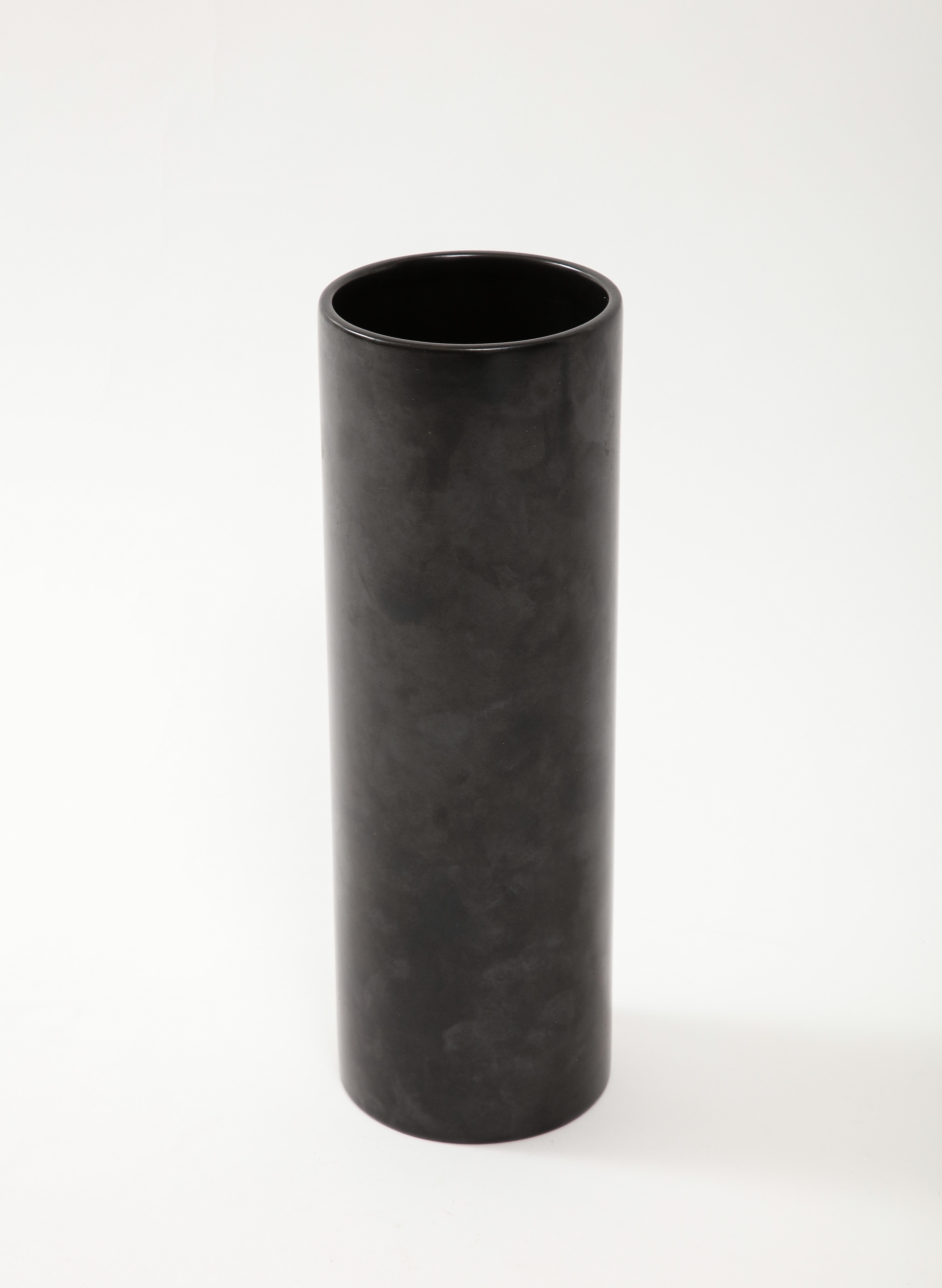 Large Georges Jouve Style Black Matte Cylinder Vase, France, c. 1950's 1