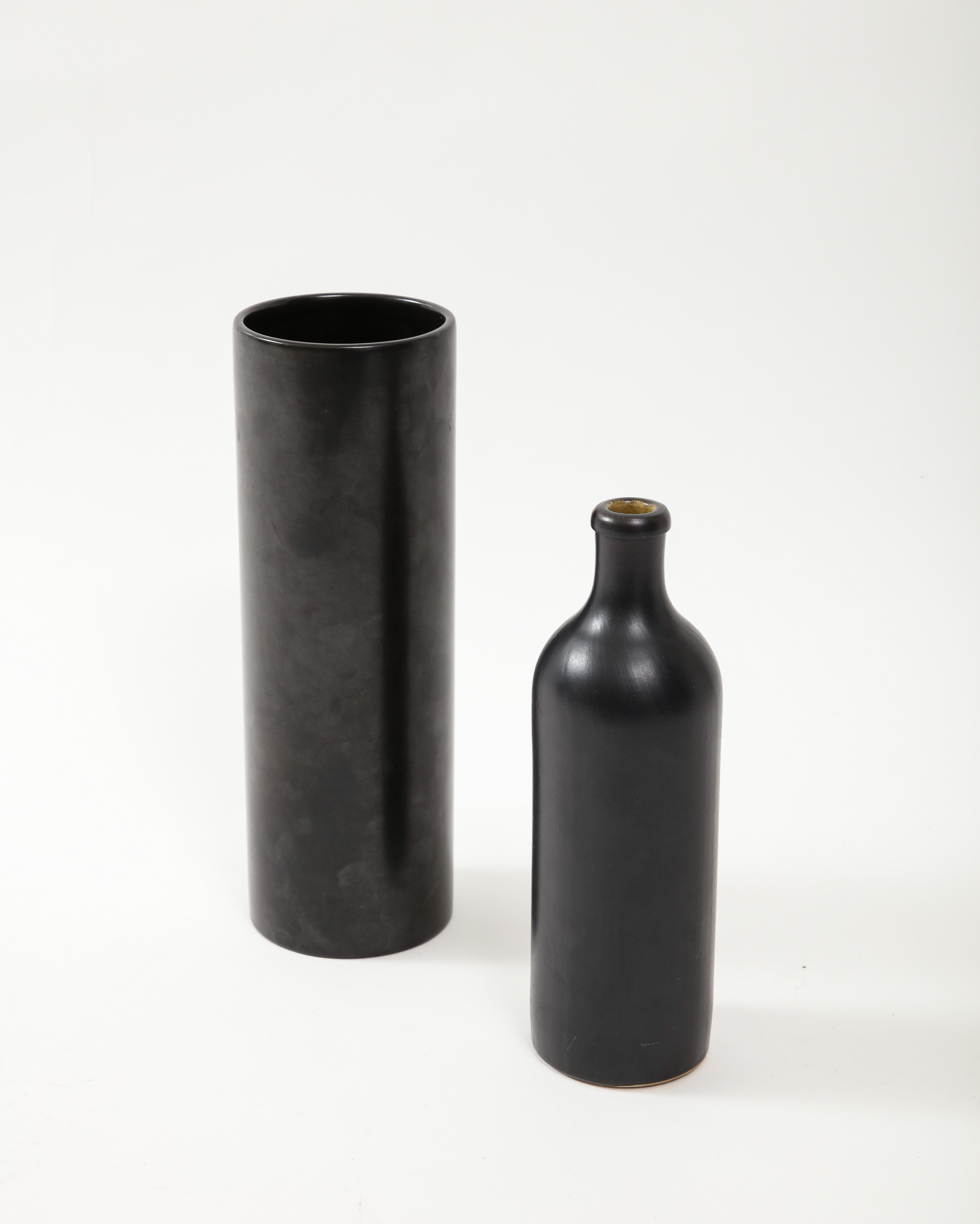 Large Georges Jouve Style Black Matte Cylinder Vase, France, c. 1950's 2
