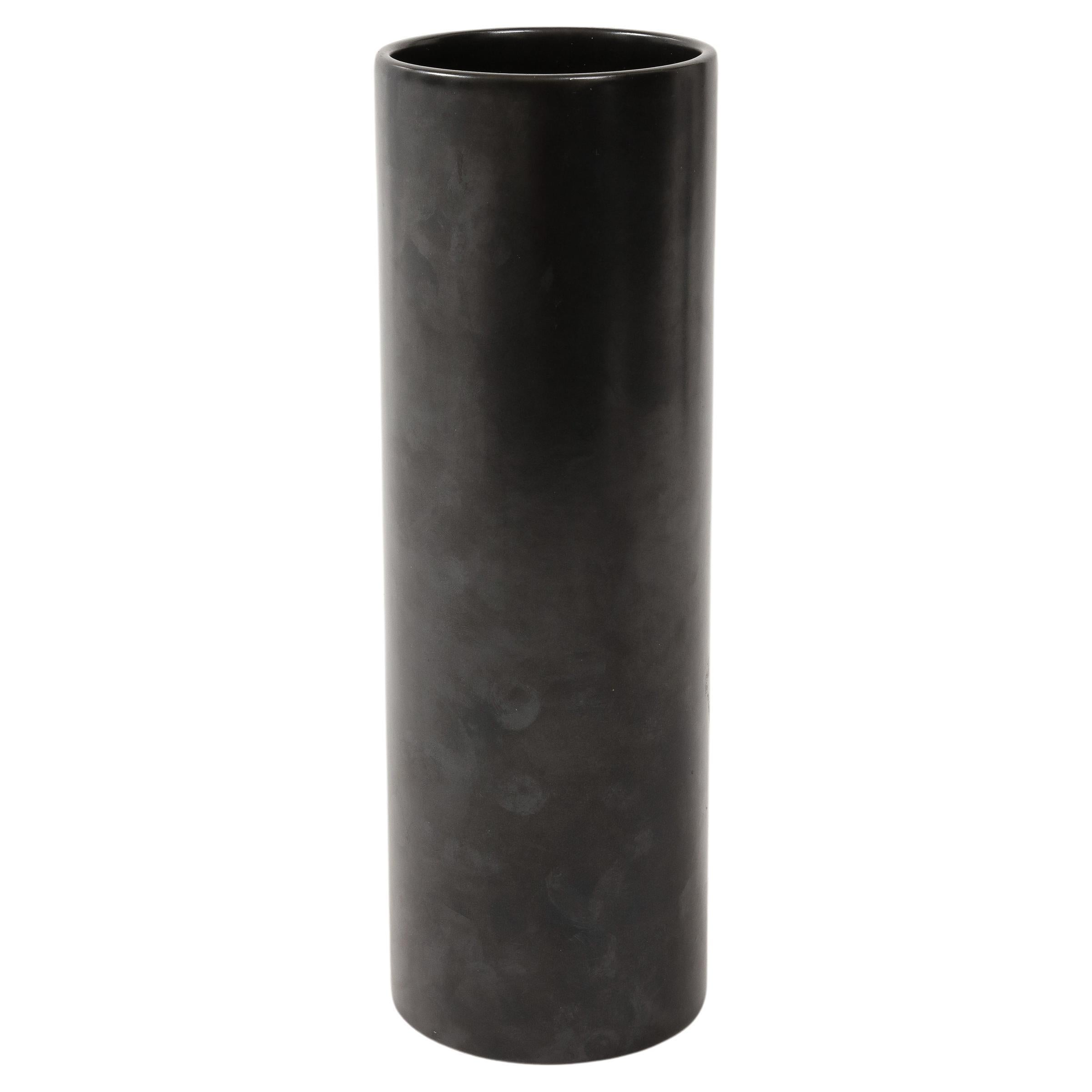 Large Georges Jouve Style Black Matte Cylinder Vase, France, c. 1950's