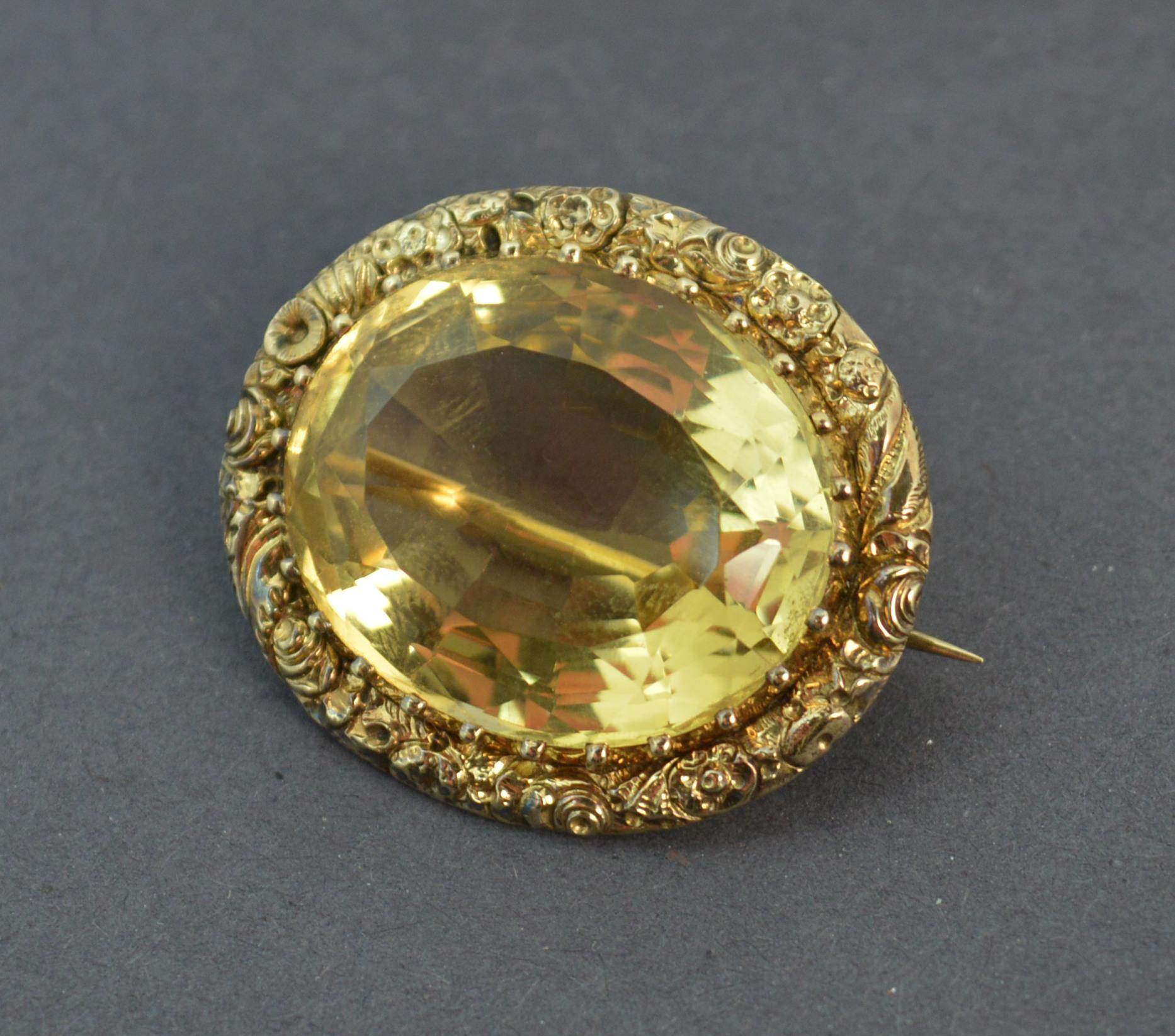Women's Large Georgian 15 Carat Gold and Citrine Solitaire Brooch