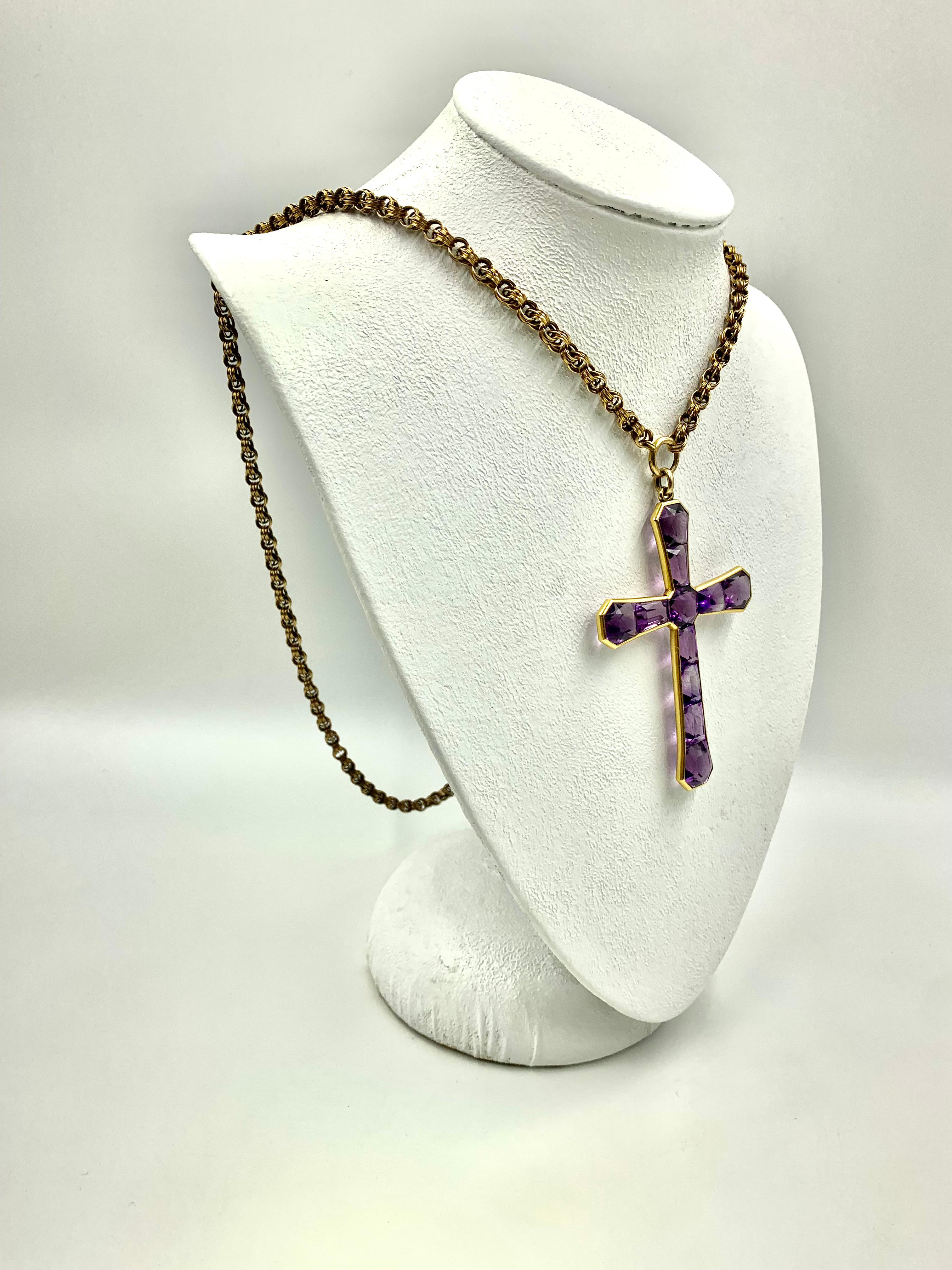 Mixed Cut Large Early 19th Century Georgian 18K Gold Invisibly Set Faceted Amethyst Cross