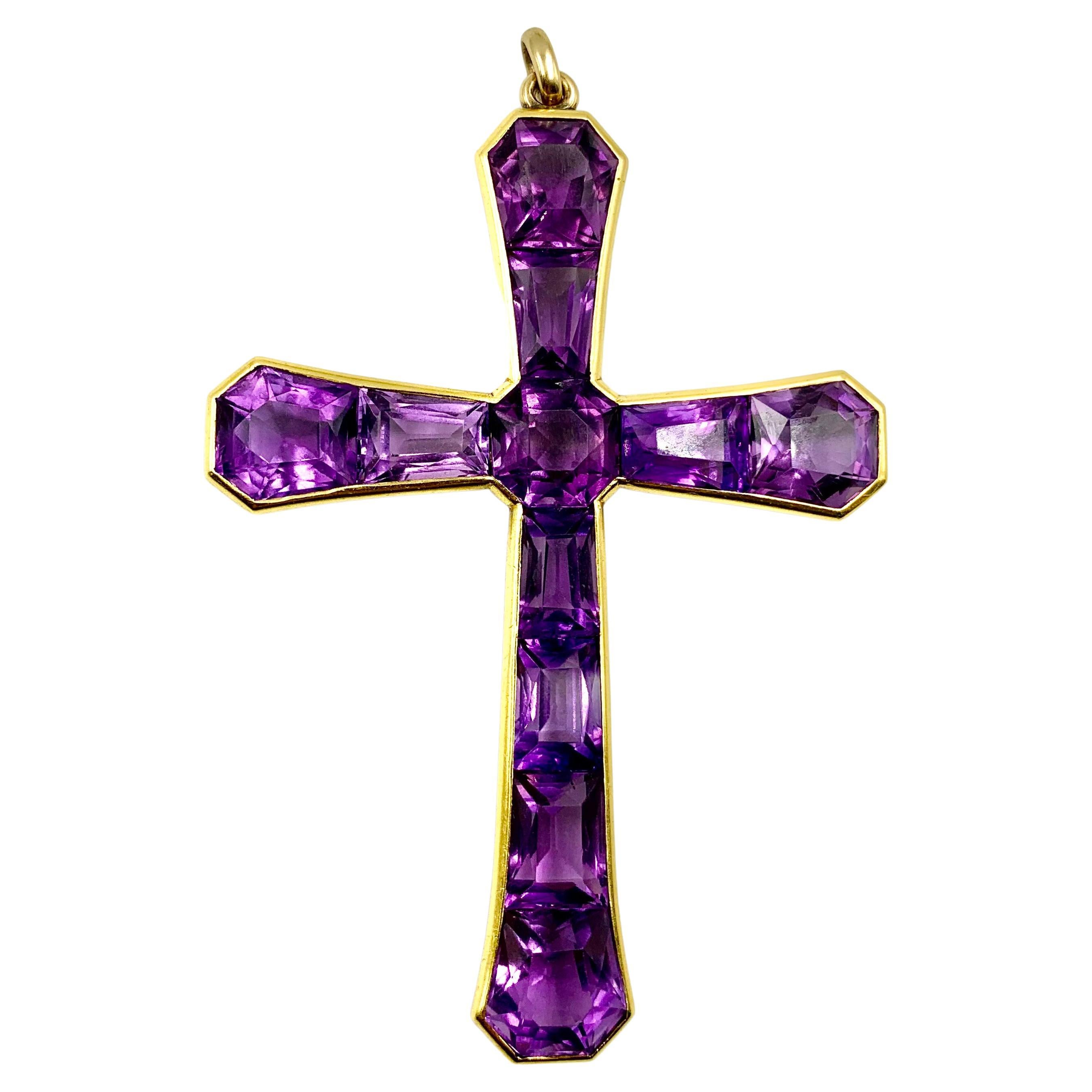 Large Early 19th Century Georgian 18K Gold Invisibly Set Faceted Amethyst Cross