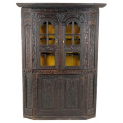 Antique Large Georgian Carved Gothic Oak Corner Cabinet Cupboard, Scotland 1780, H127