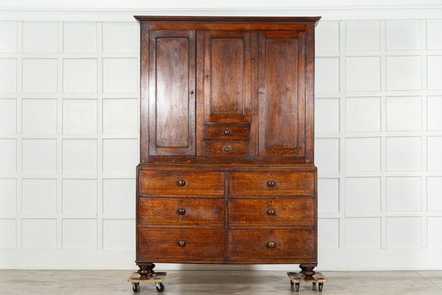 circa 1820
Large Georgian English Oak Linen Press Cupboard
sku 1786
Base W152 x D62 x H97 cm
Top W157 x D63 x H125 cm
Together W157 x D63 x H222 cm
Weight 145 kg