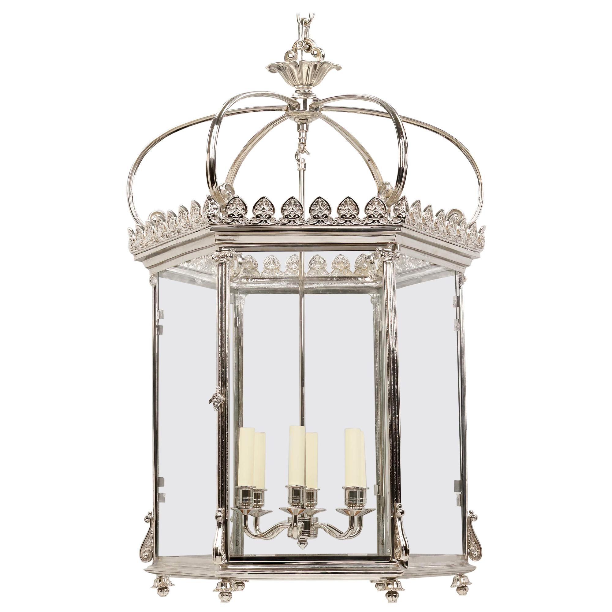 Large Georgian Hexagonal Lantern, Nickel For Sale