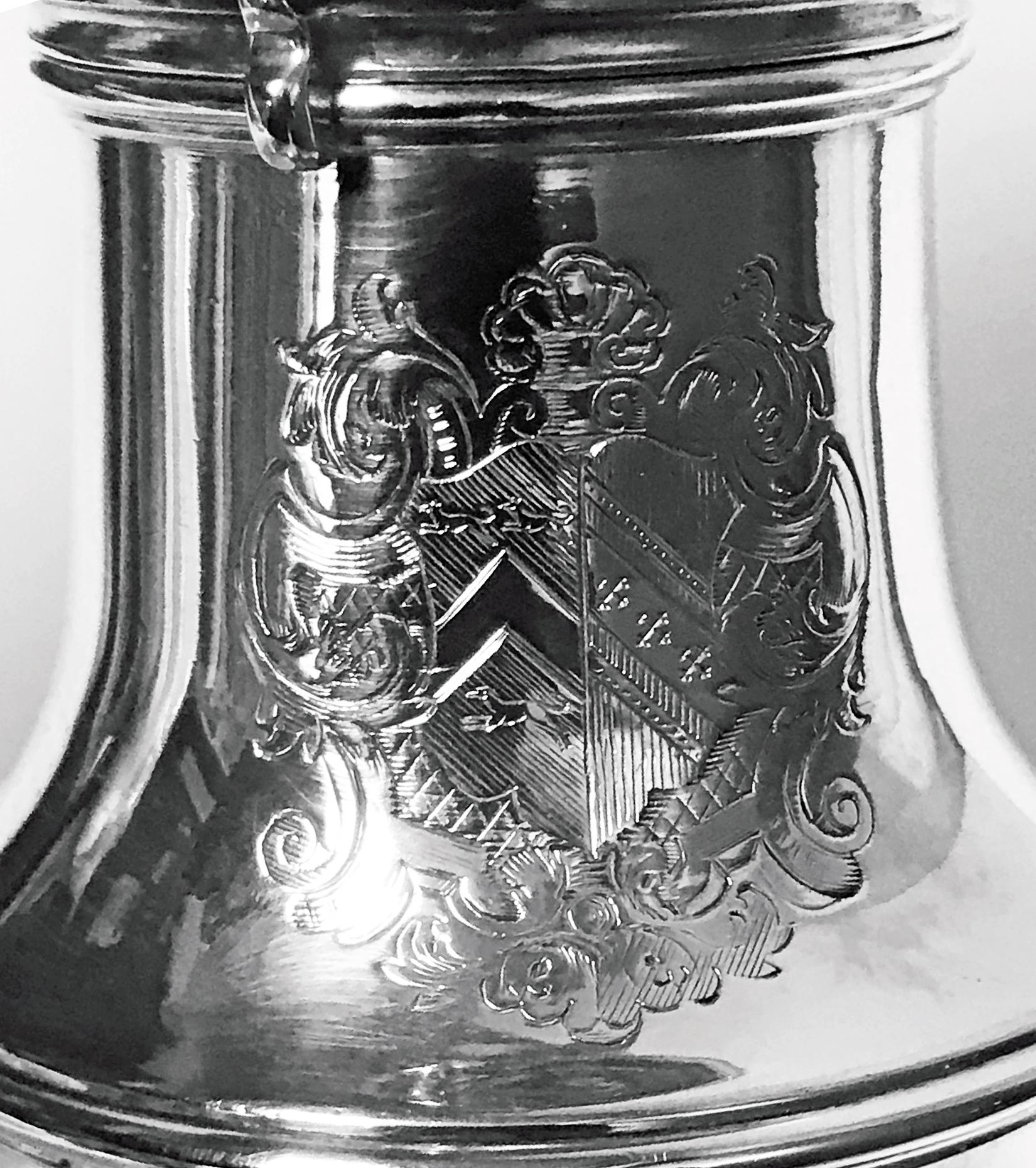 Large Georgian John Chartier Silver Muffineer Sugar Caster, London, 1729. Large heavy silver gauge baluster form on pedestal foot, detachable bayonet fitting panel pierced cover. Plain body engraved with armorial coat of arms. Fully hallmarked under