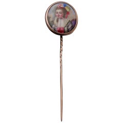 Large Georgian Lady Portrait Miniature Painted 16 Karat Gold Stick Pin