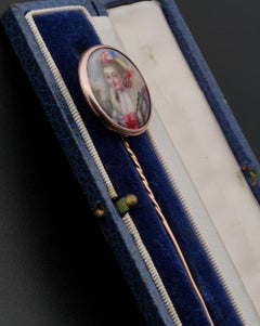 Large Georgian Lady Portrait Miniature Painted 16 Karat Gold Stick Pin
