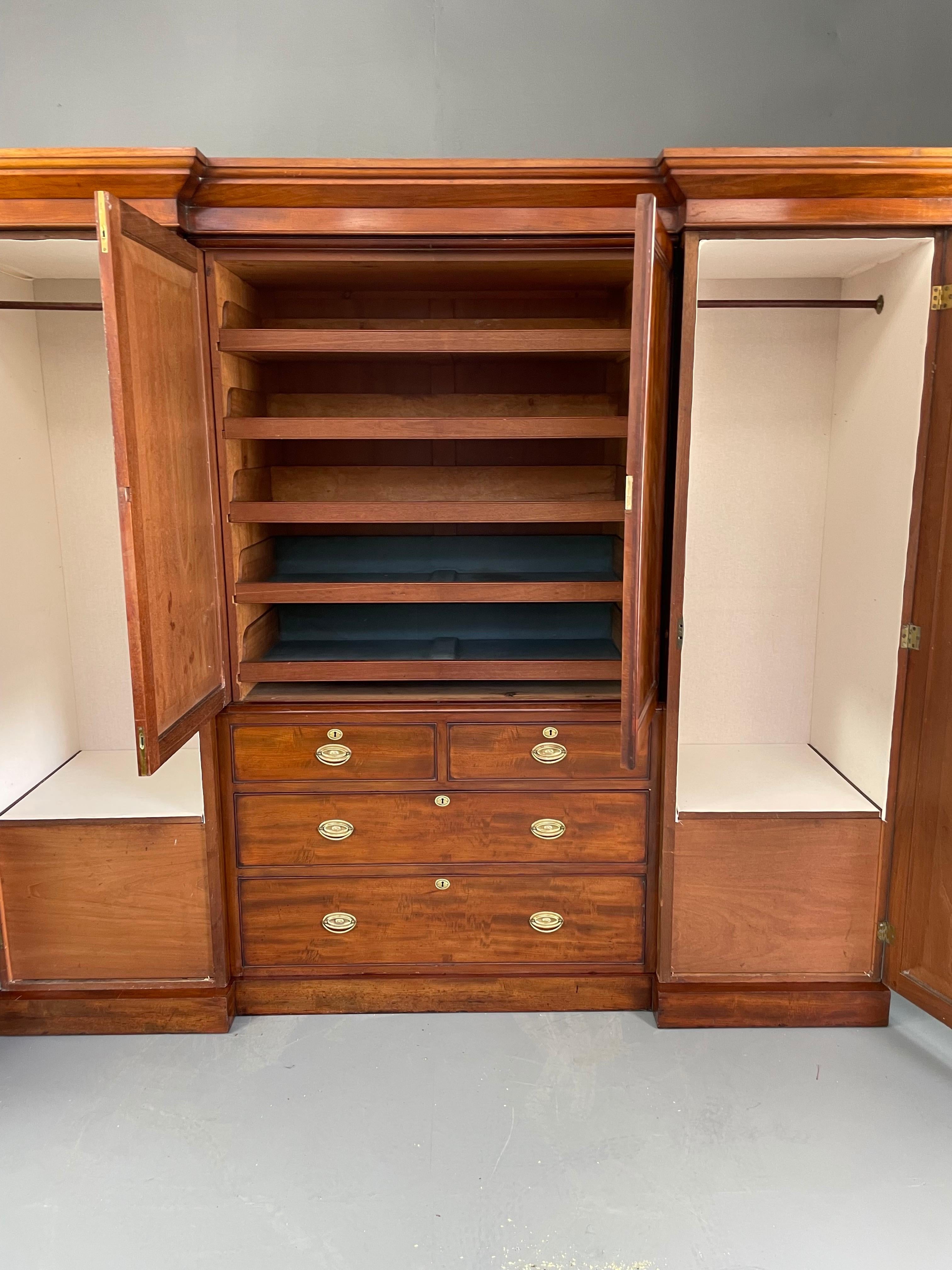 British Large Georgian Mahogany Breakfront Wardrobe Armoire