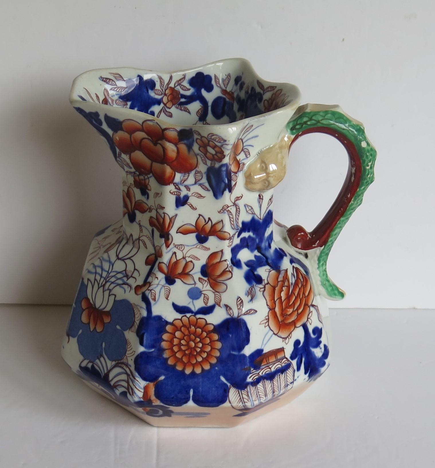 This is a good, early Mason's Ironstone large Hydra jug or pitcher in the Basket Japan pattern, made in the English, late Georgian period, circa 1815-1820.

This jug is particularly decorative, being a much larger size than we normally see and