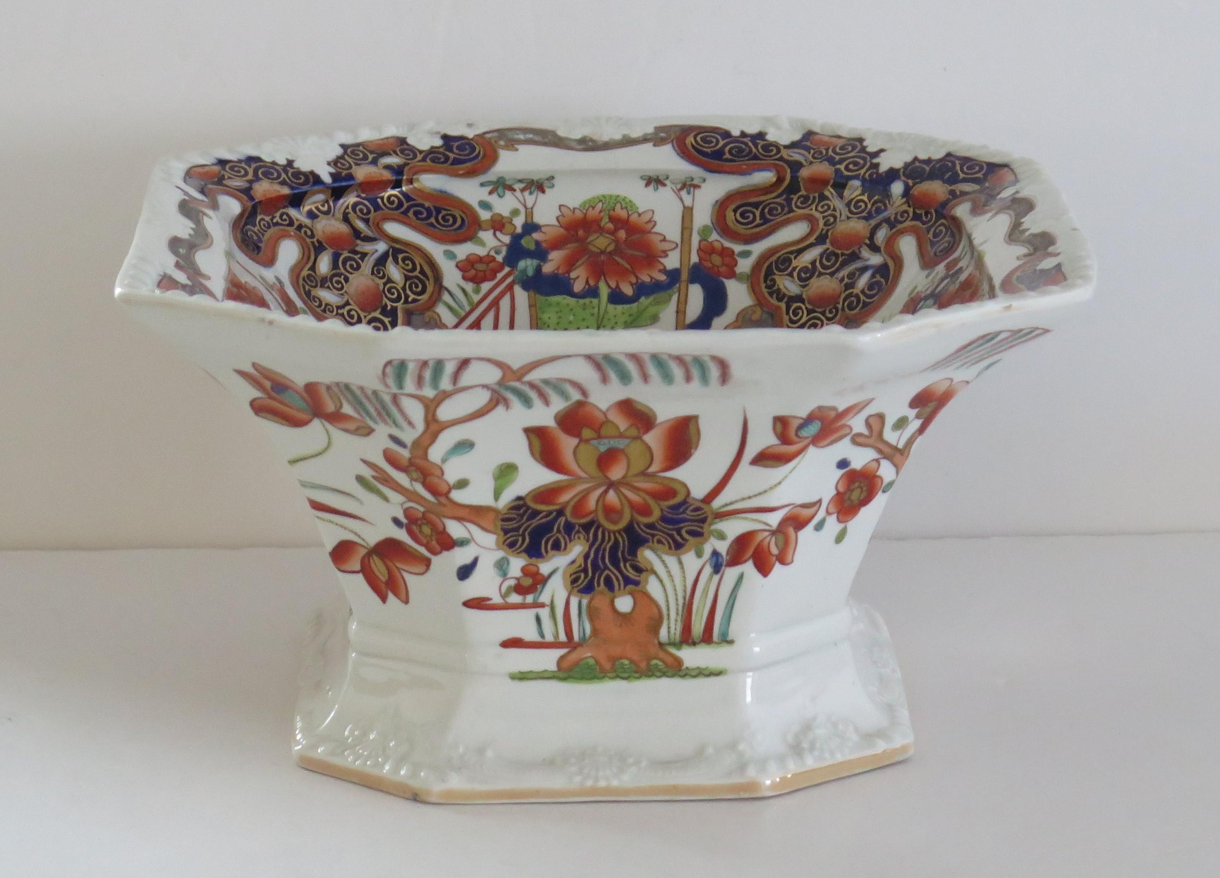 Hand-Painted Large Georgian Masons Ironstone Serving Bowl in Rare Water Lily & Willow Pattern
