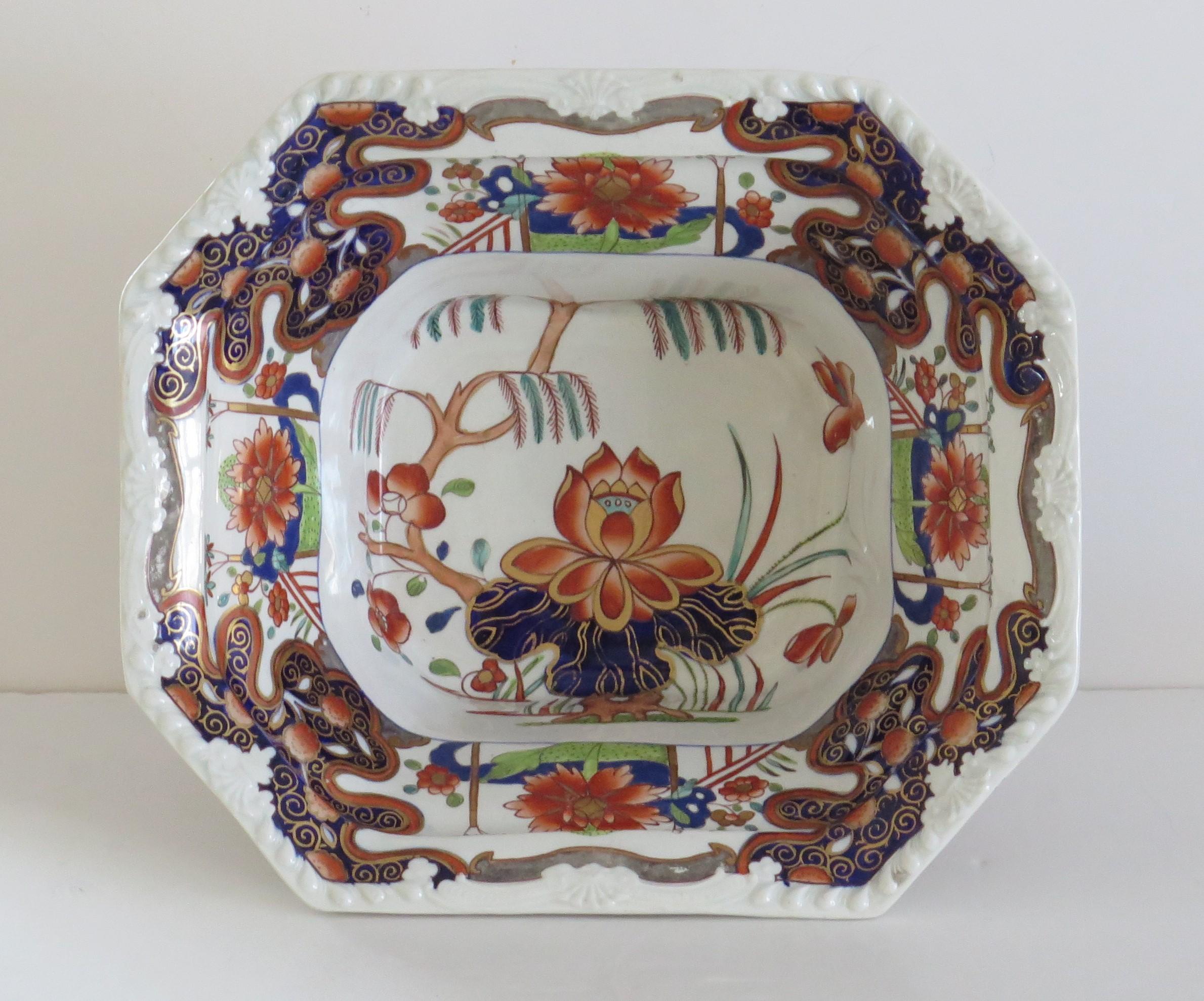 Large Georgian Masons Ironstone Serving Bowl in Rare Water Lily & Willow Pattern 1