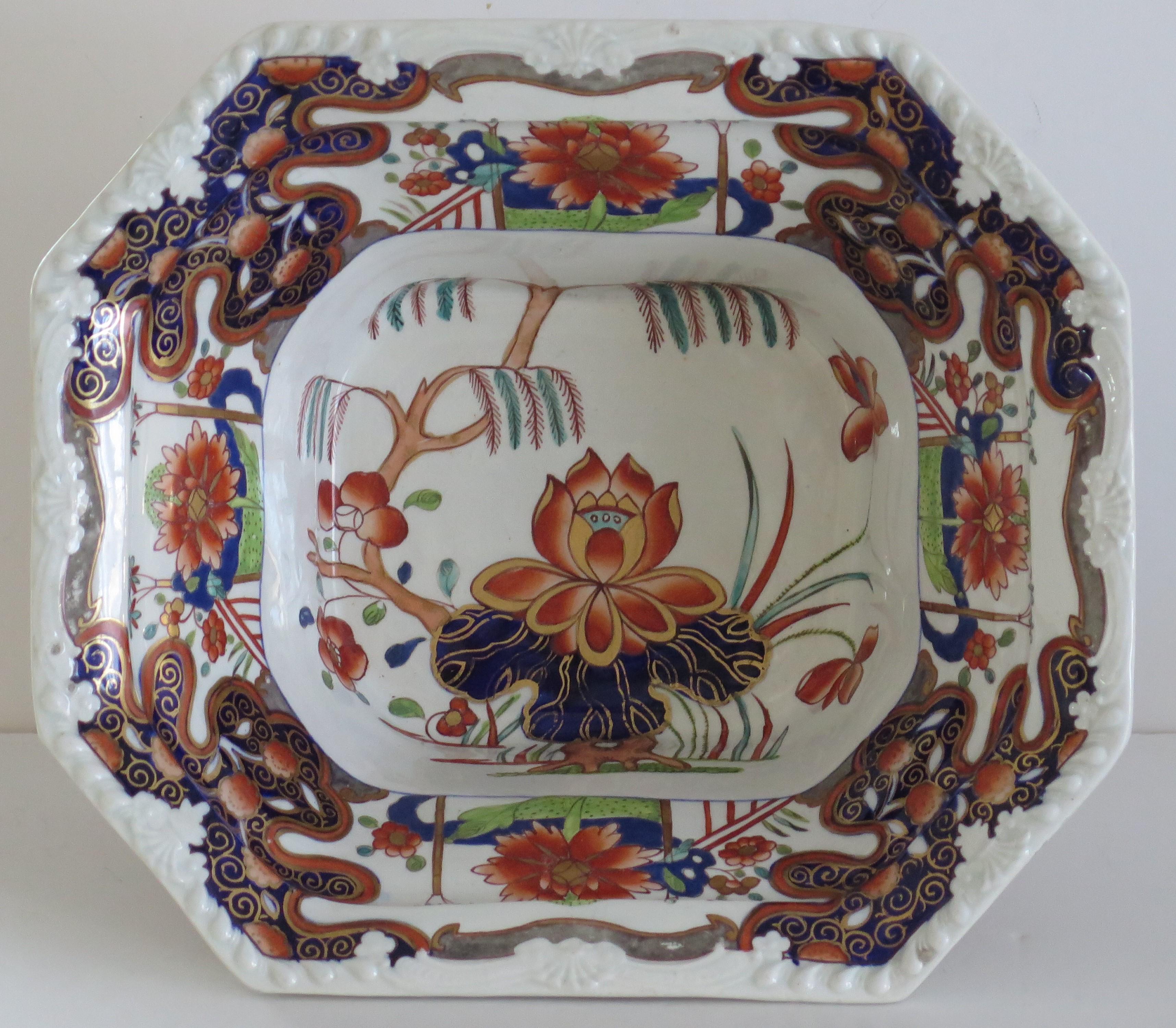 Large Georgian Masons Ironstone Serving Bowl in Rare Water Lily & Willow Pattern 2