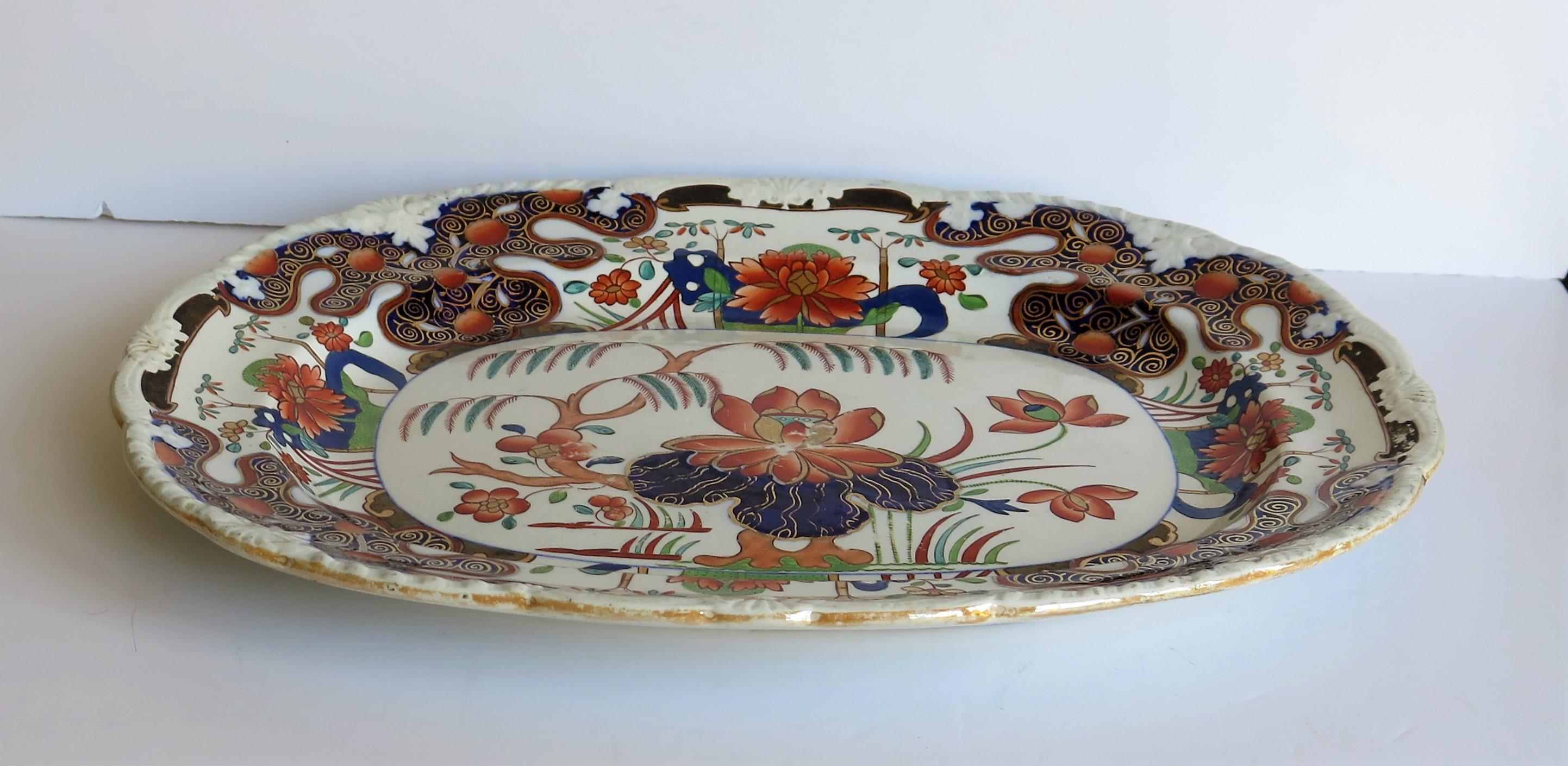 Large Georgian Masons Ironstone Serving Platter Rare Water Lily & Willow Pattern 3