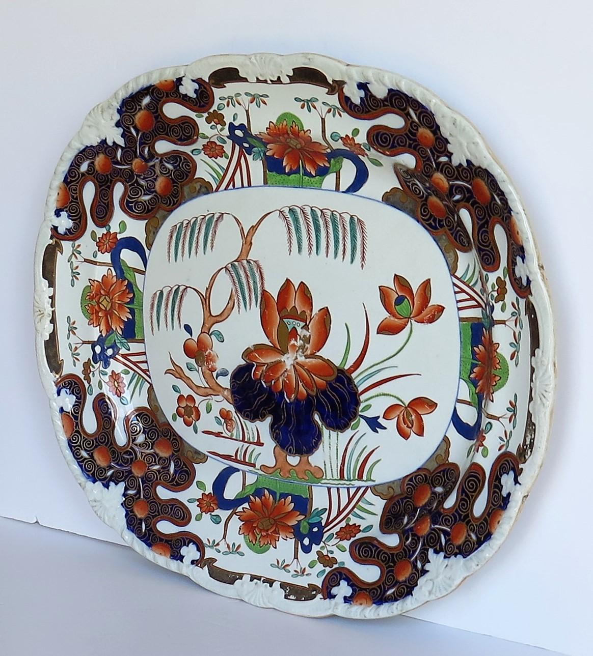 Large Georgian Masons Ironstone Serving Platter Rare Water Lily & Willow Pattern In Good Condition In Lincoln, Lincolnshire