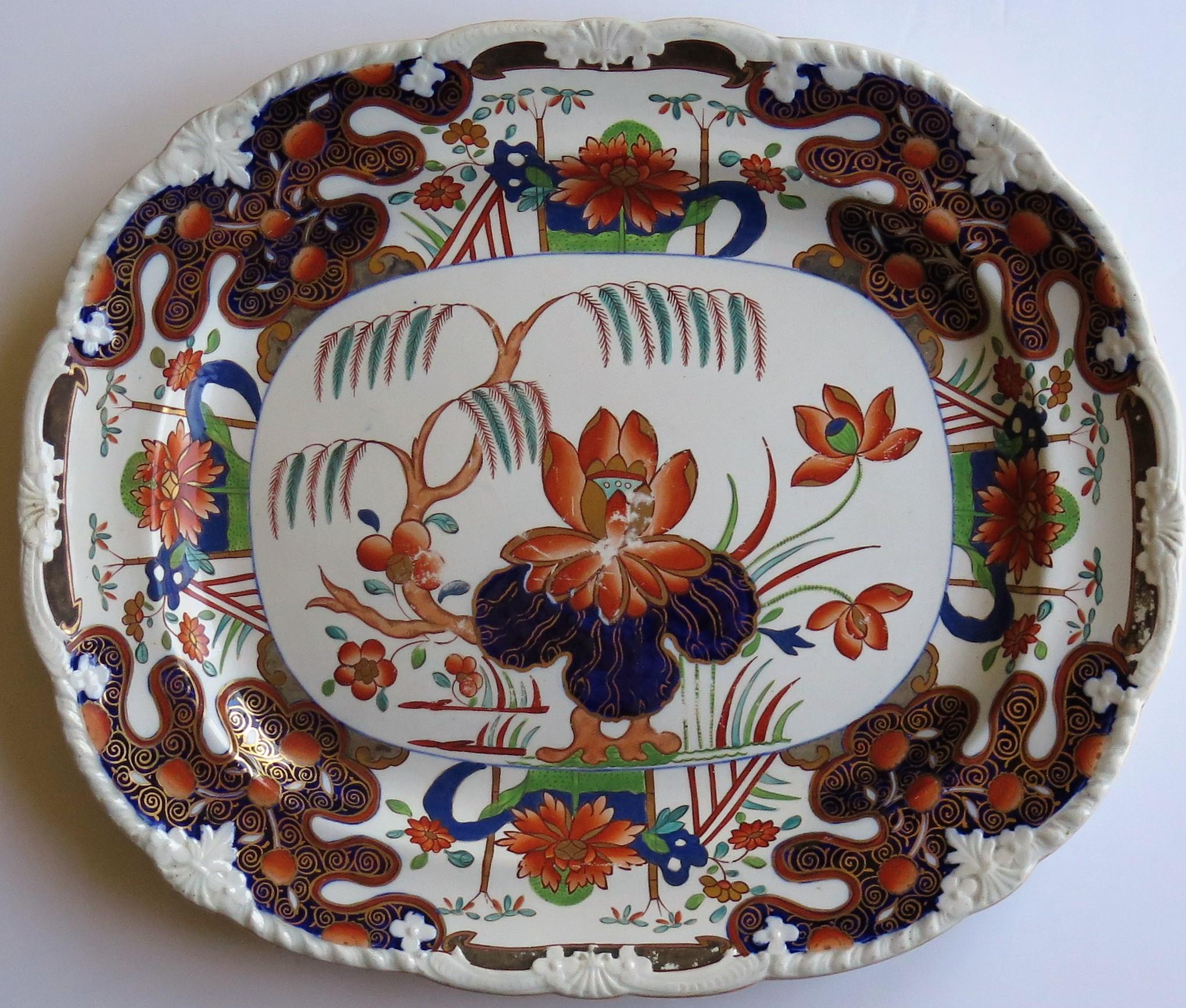 19th Century Large Georgian Masons Ironstone Serving Platter Rare Water Lily & Willow Pattern