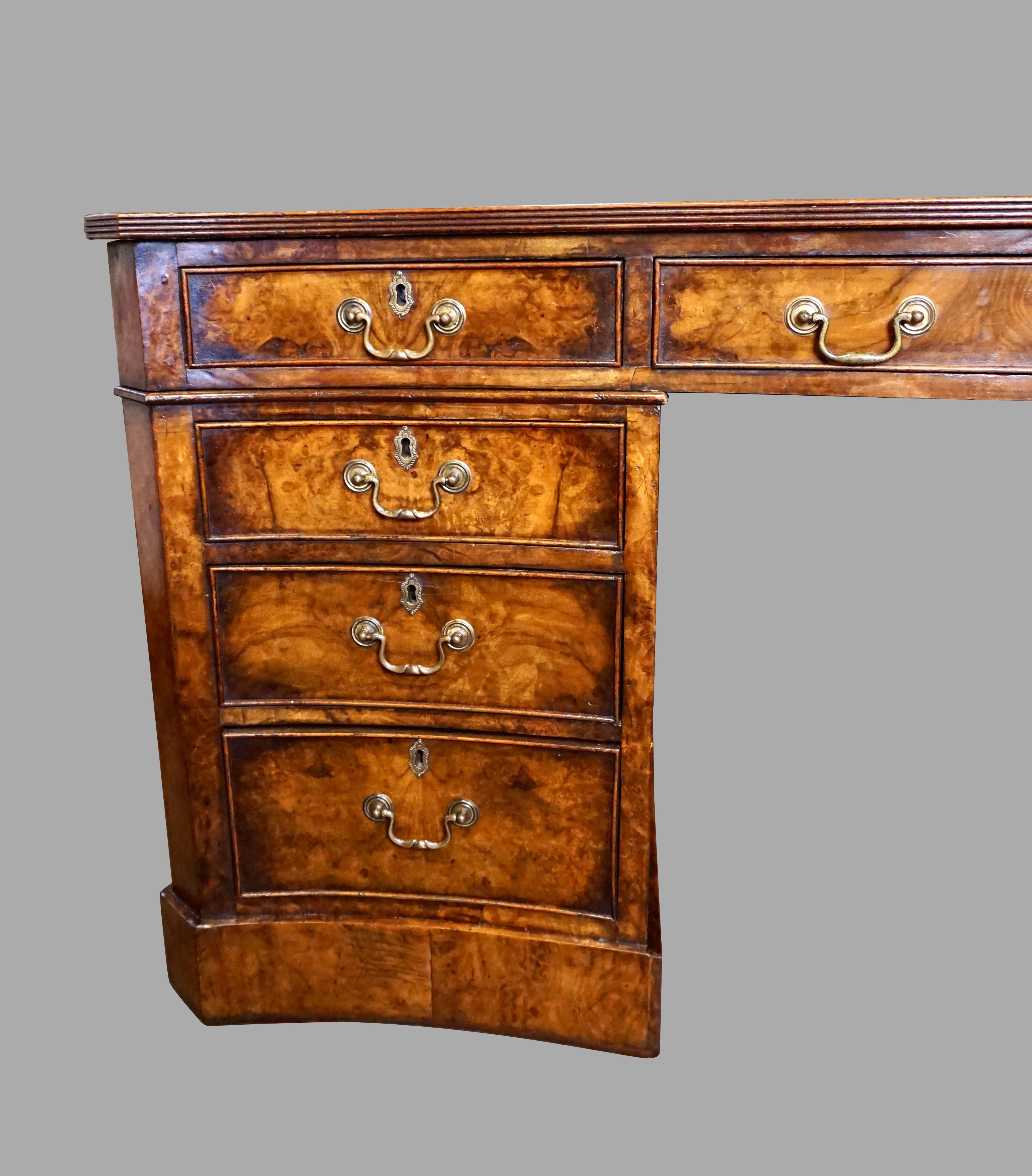 Fine Georgian Style Burl Walnut Partners Desk with Gilt Tooled Leather Top In Good Condition In San Francisco, CA