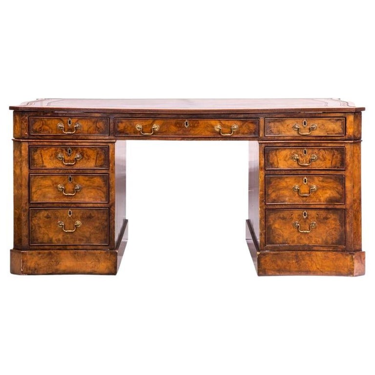Fine Style Burl Walnut Partners Desk with Gilt Tooled Leather