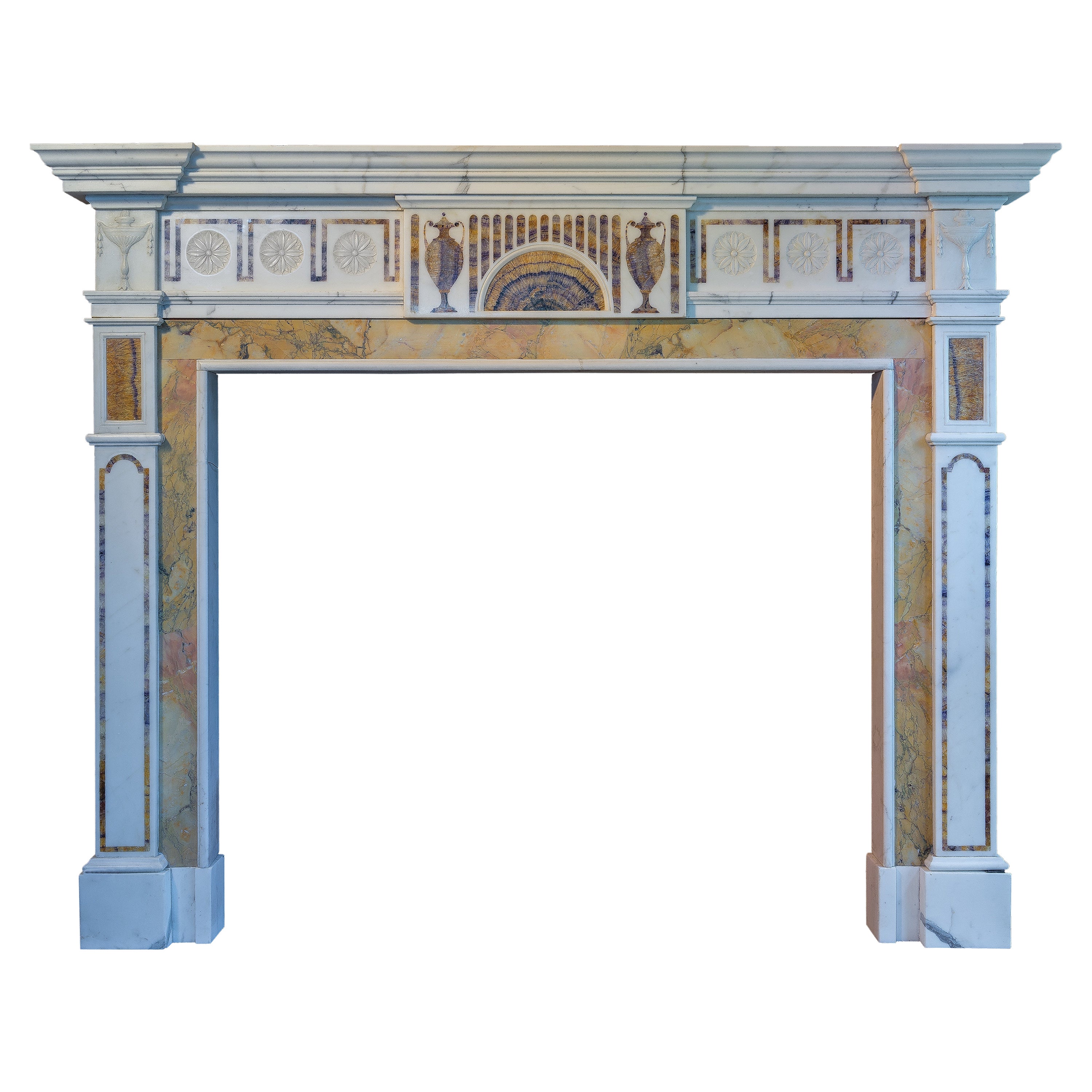 Large Georgian Style Fireplace Mantel in Statuary and Blue John Marble