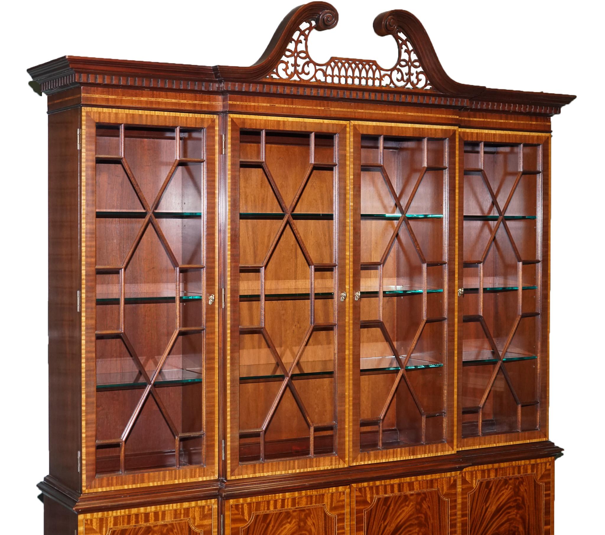 Hand-Crafted Large Georgian Style Mahogany Breakfront Bookcase Councill Furniture For Sale