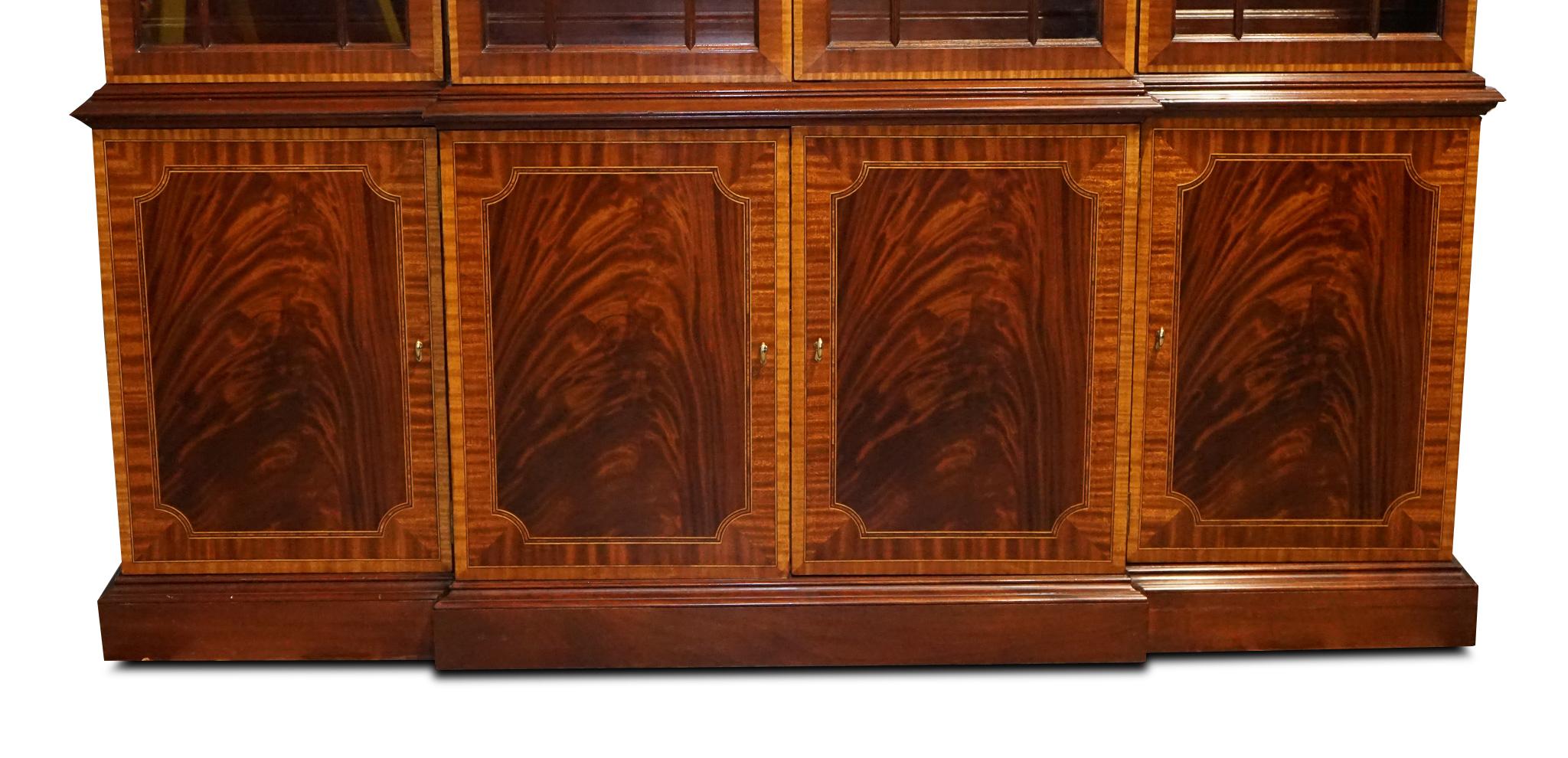 Hardwood Large Georgian Style Mahogany Breakfront Bookcase Councill Furniture For Sale