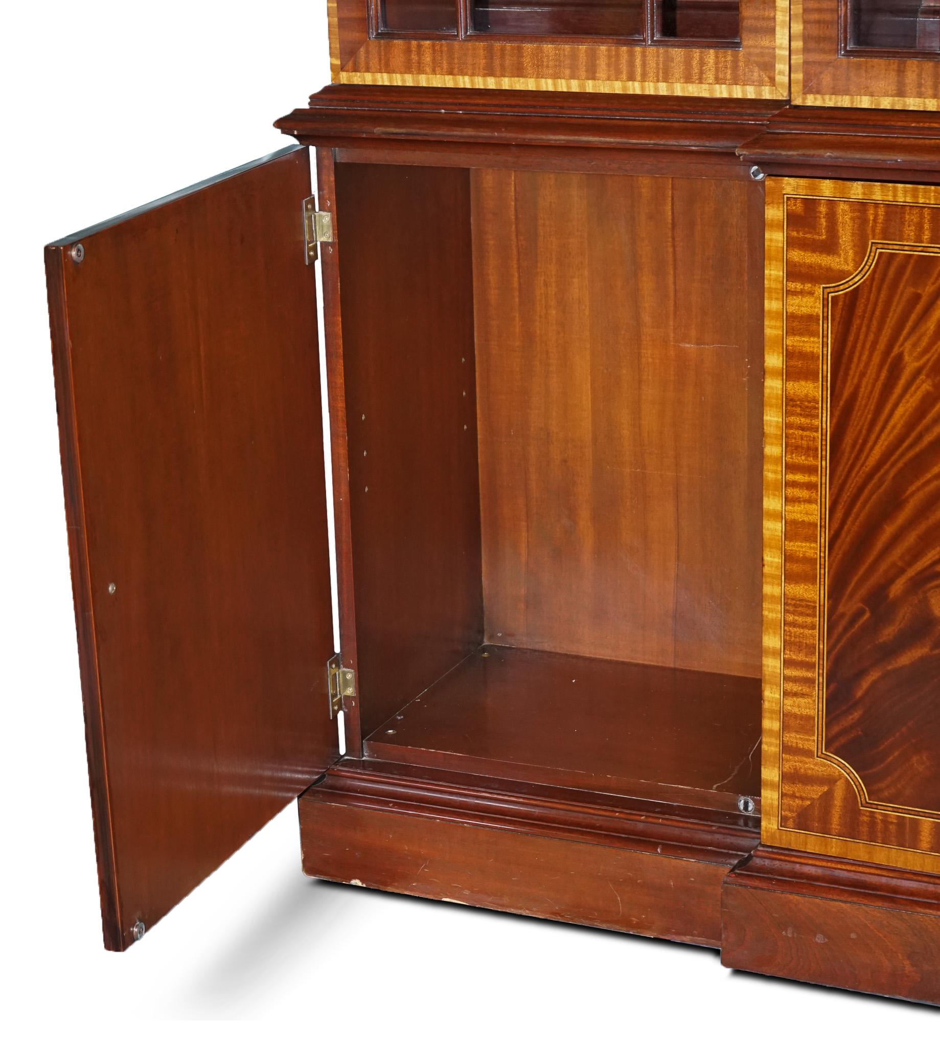 Hardwood Large Georgian Style Mahogany Breakfront Bookcase Councill Furniture For Sale