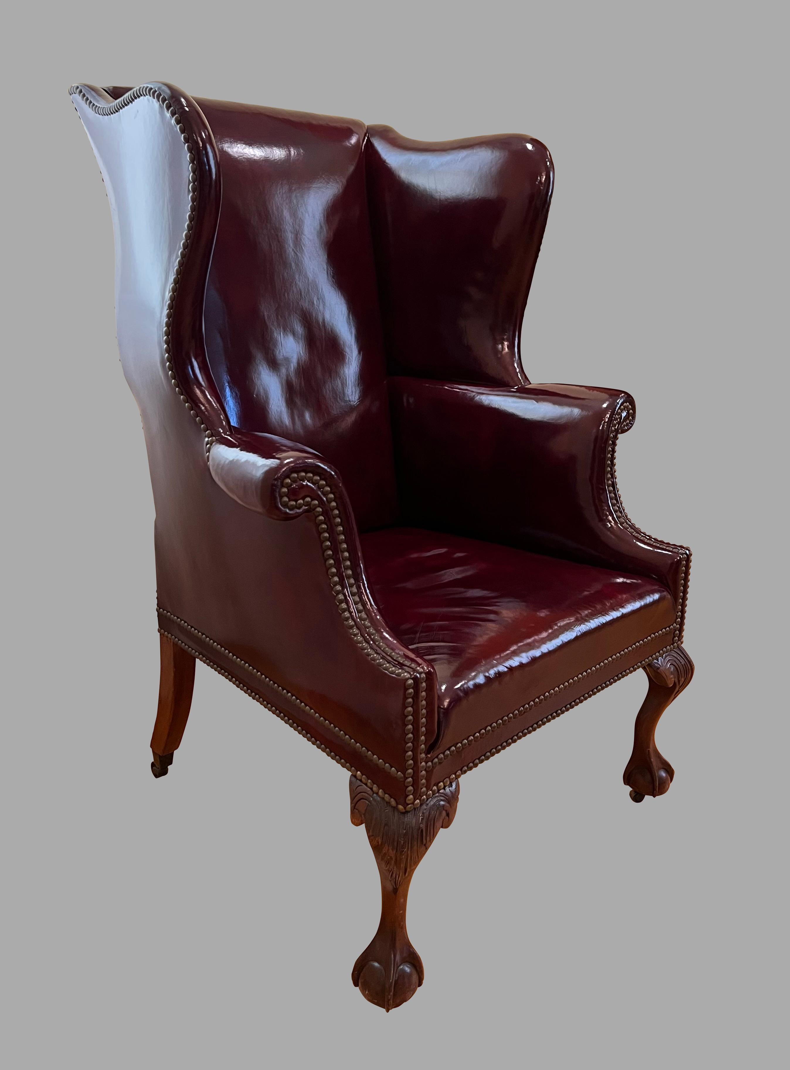 Large Georgian Style Red Leather Wingback Armchair with Nailhead Trim In Good Condition In San Francisco, CA