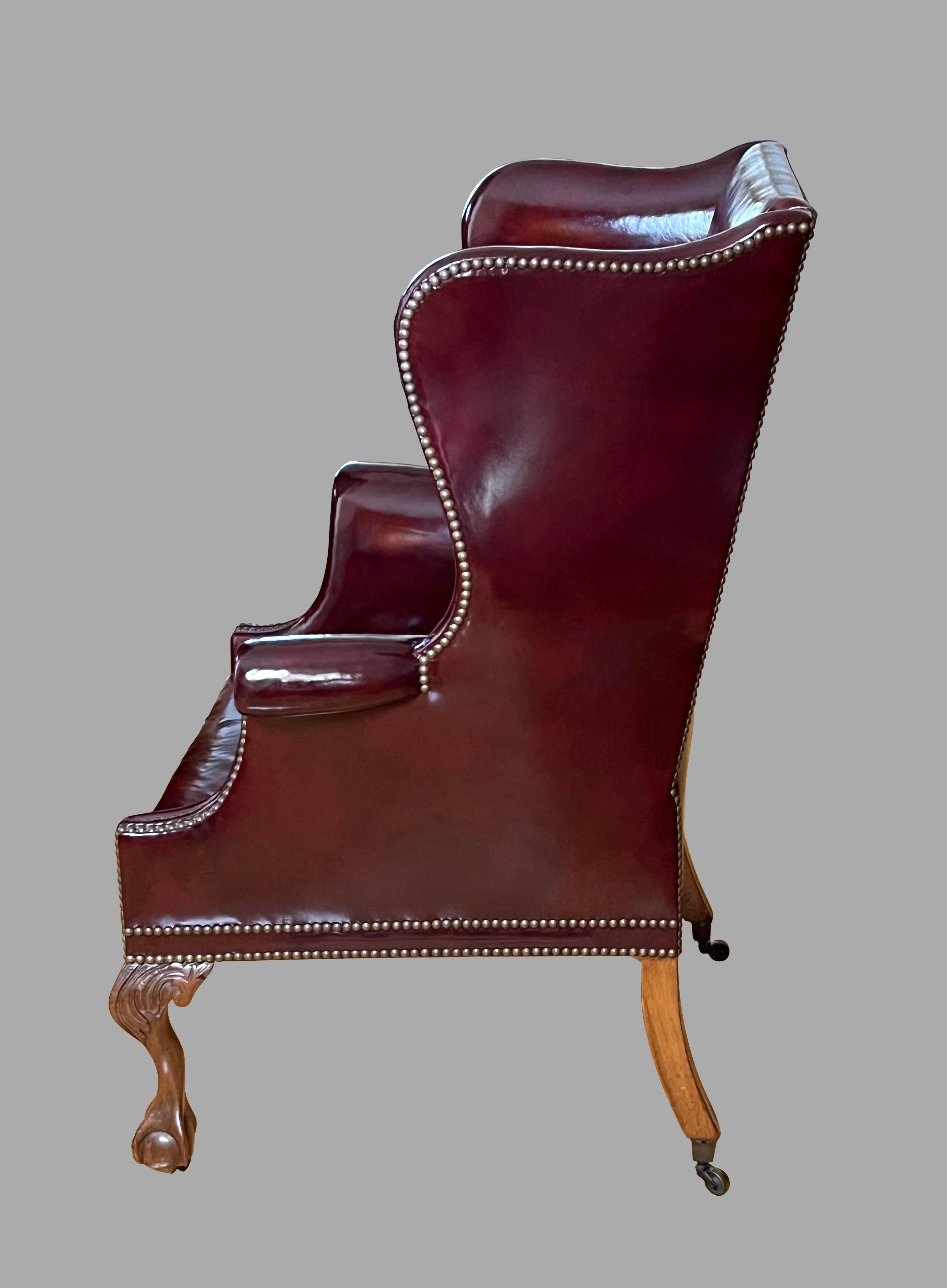 Early 20th Century Large Georgian Style Red Leather Wingback Armchair with Nailhead Trim