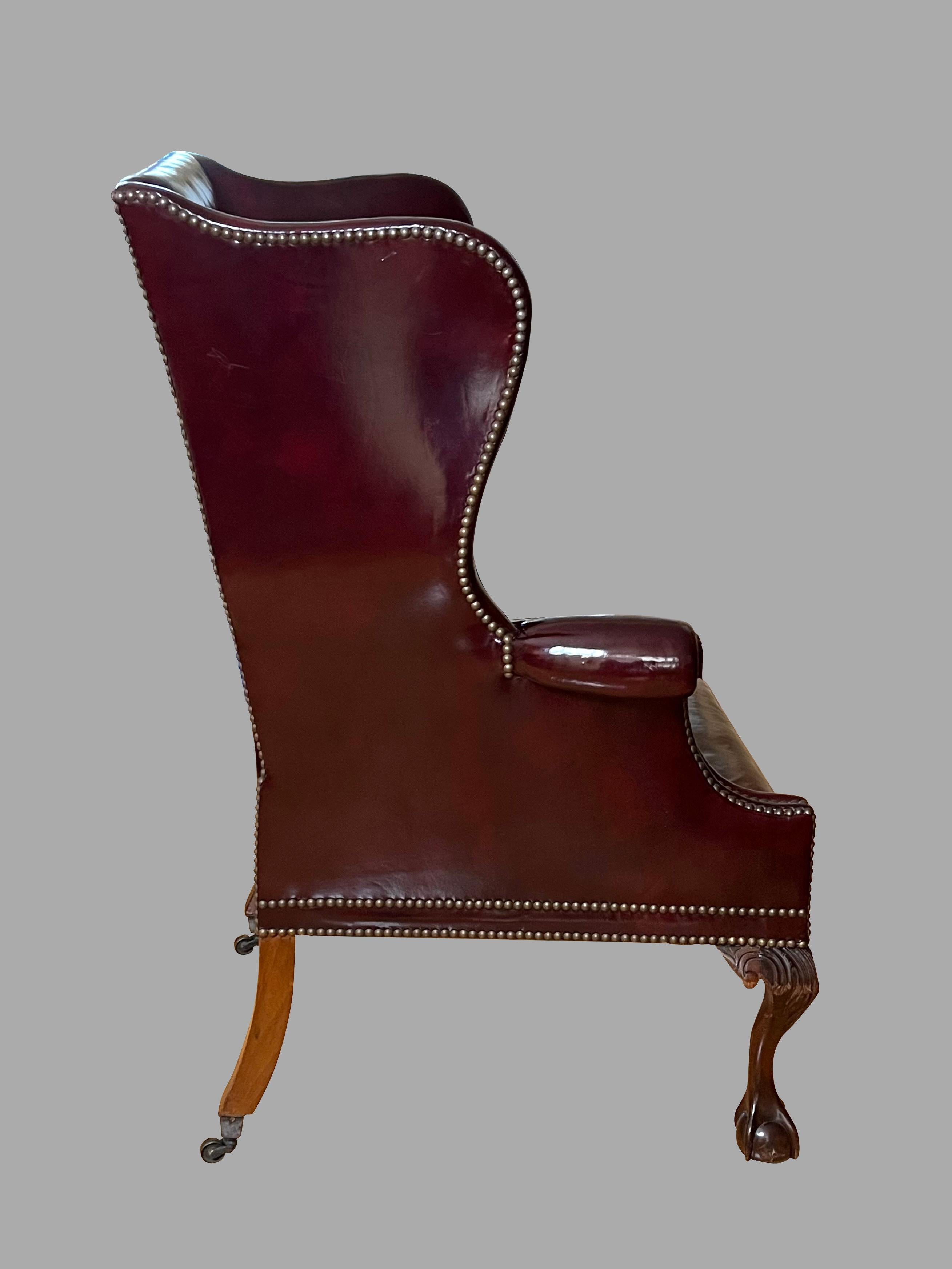 Large Georgian Style Red Leather Wingback Armchair with Nailhead Trim 1