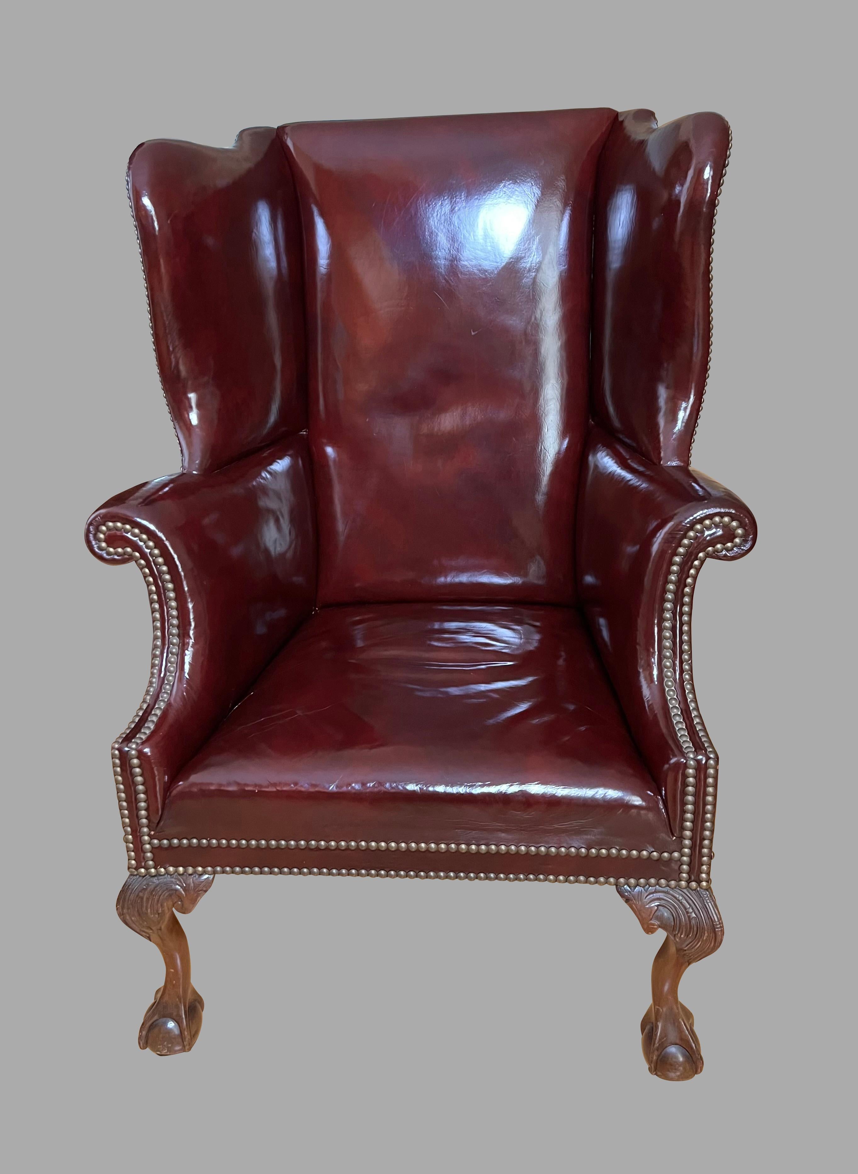 English Large Georgian Style Red Leather Wingback Armchair with Nailhead Trim