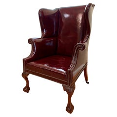 Antique Large Georgian Style Red Leather Wingback Armchair with Nailhead Trim