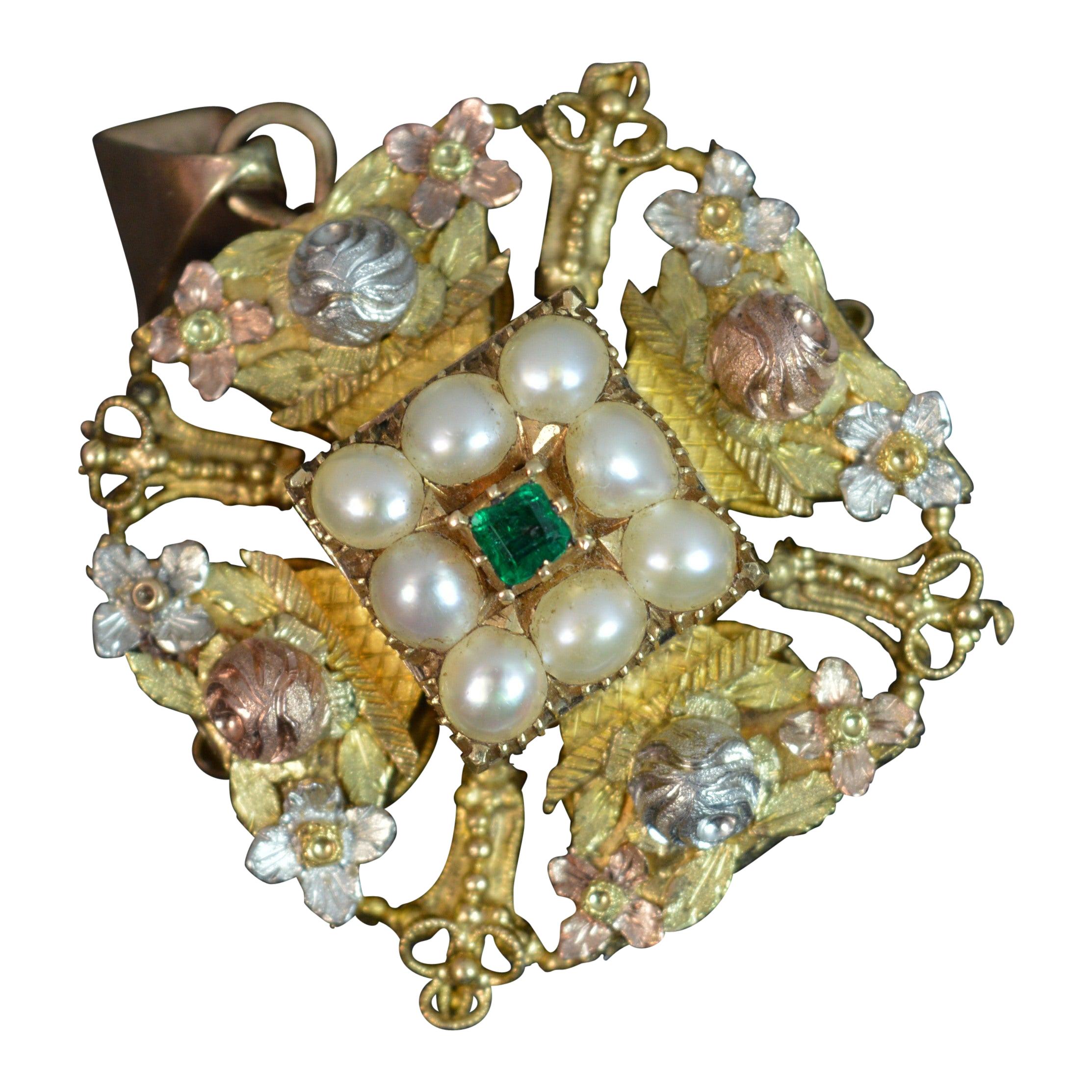 Large Georgian Tri Gold Emerald and Pearl Pendant, circa 1780