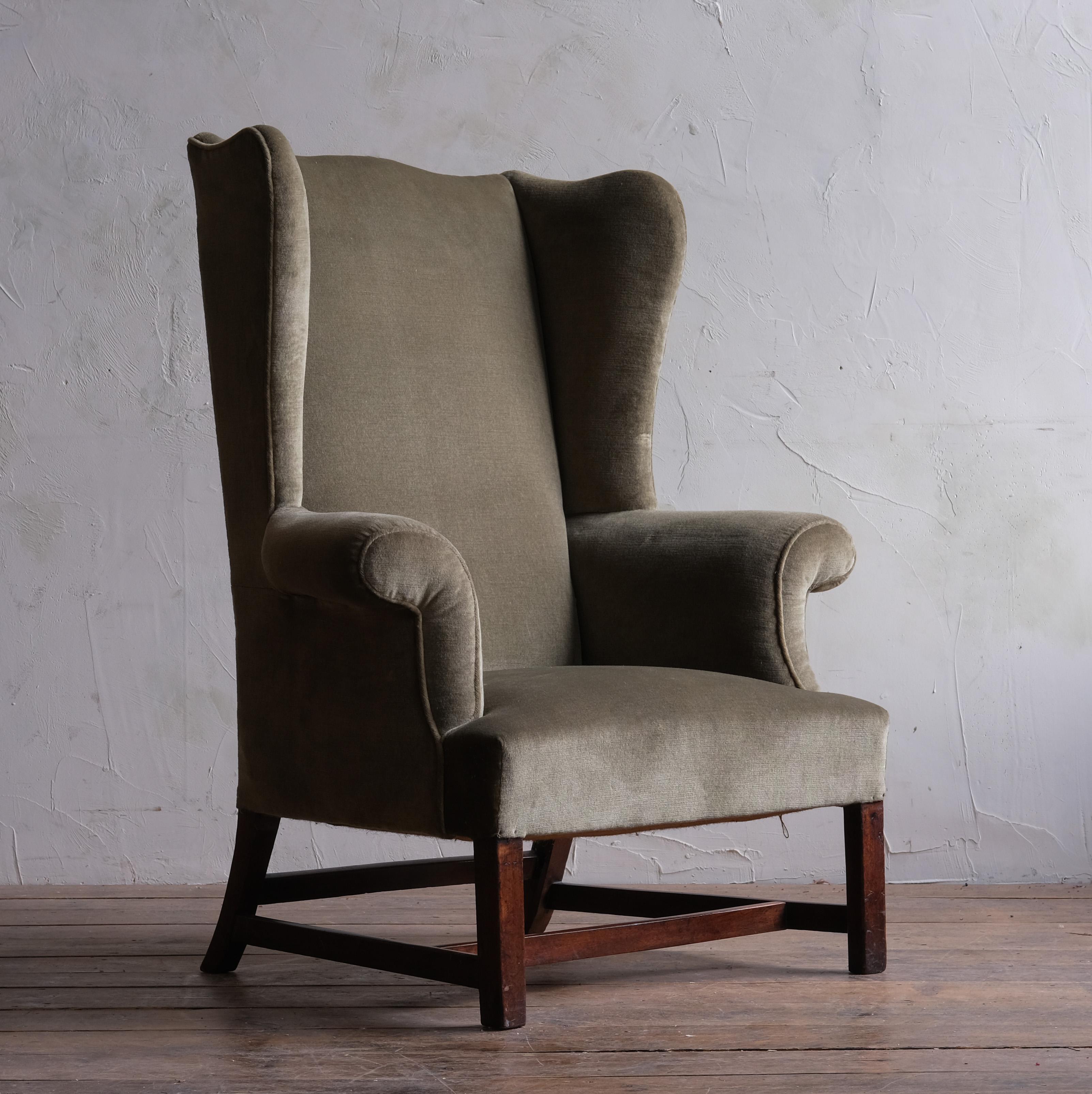 Large Georgian Wingback Armchair in Green Velvet 4