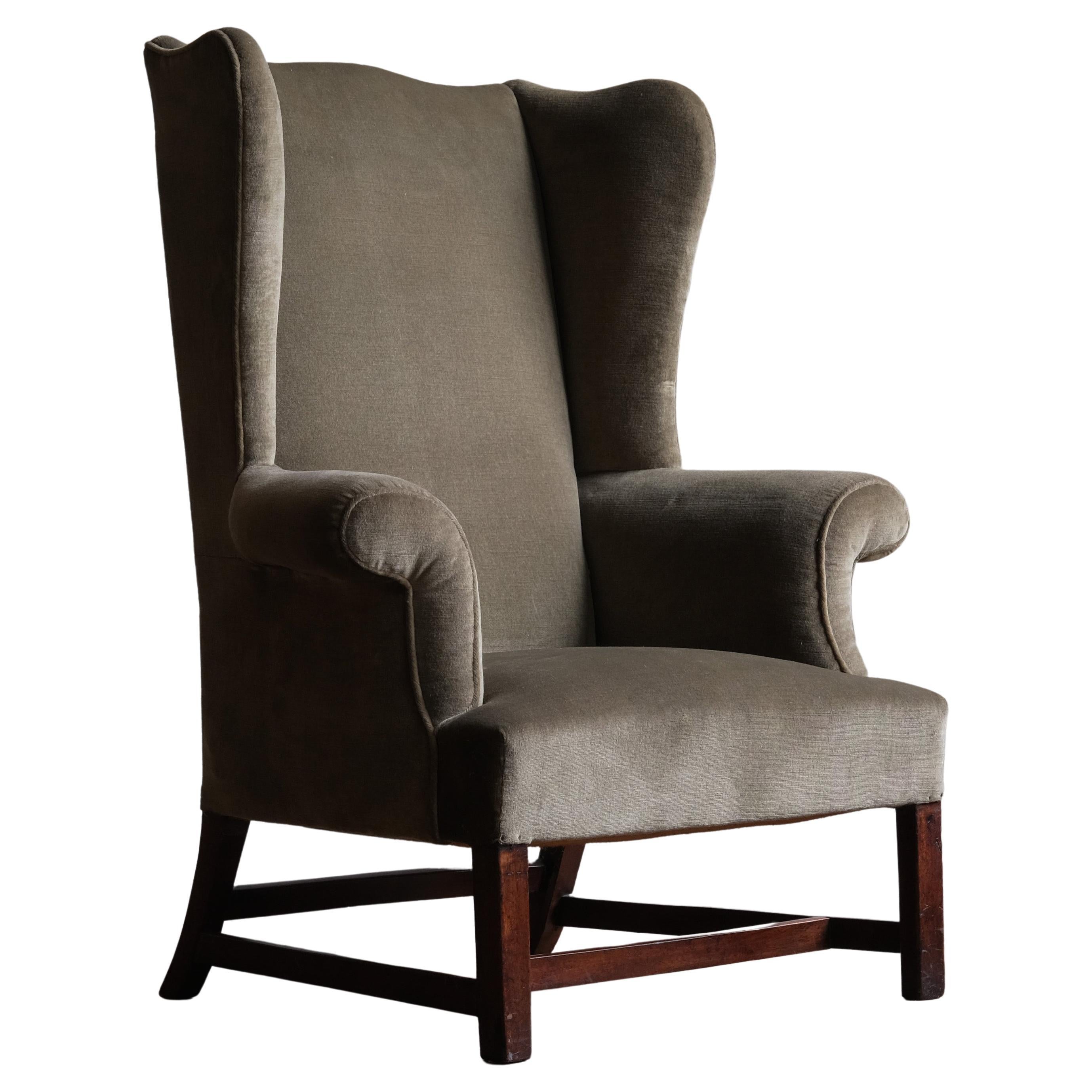 Large Georgian Wingback Armchair in Green Velvet